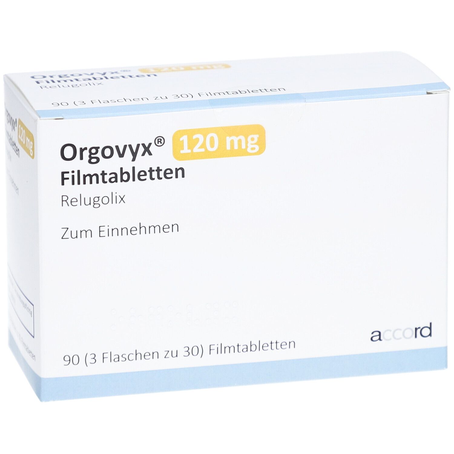 Weiße Kartonverpackung mit gelbem Akzent. Aufschrift: Orgovyx 120 mg Filmtabletten, Relugolix. Accord Logo.