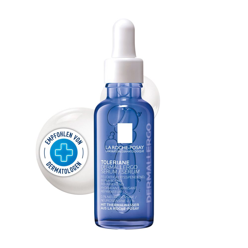 Blaues Serumfläschchen mit Pipette. Aufschrift: Toleriane Dermallergo Serum. Logo: La Roche-Posay. Mit Dermatologen-Empfehlung.