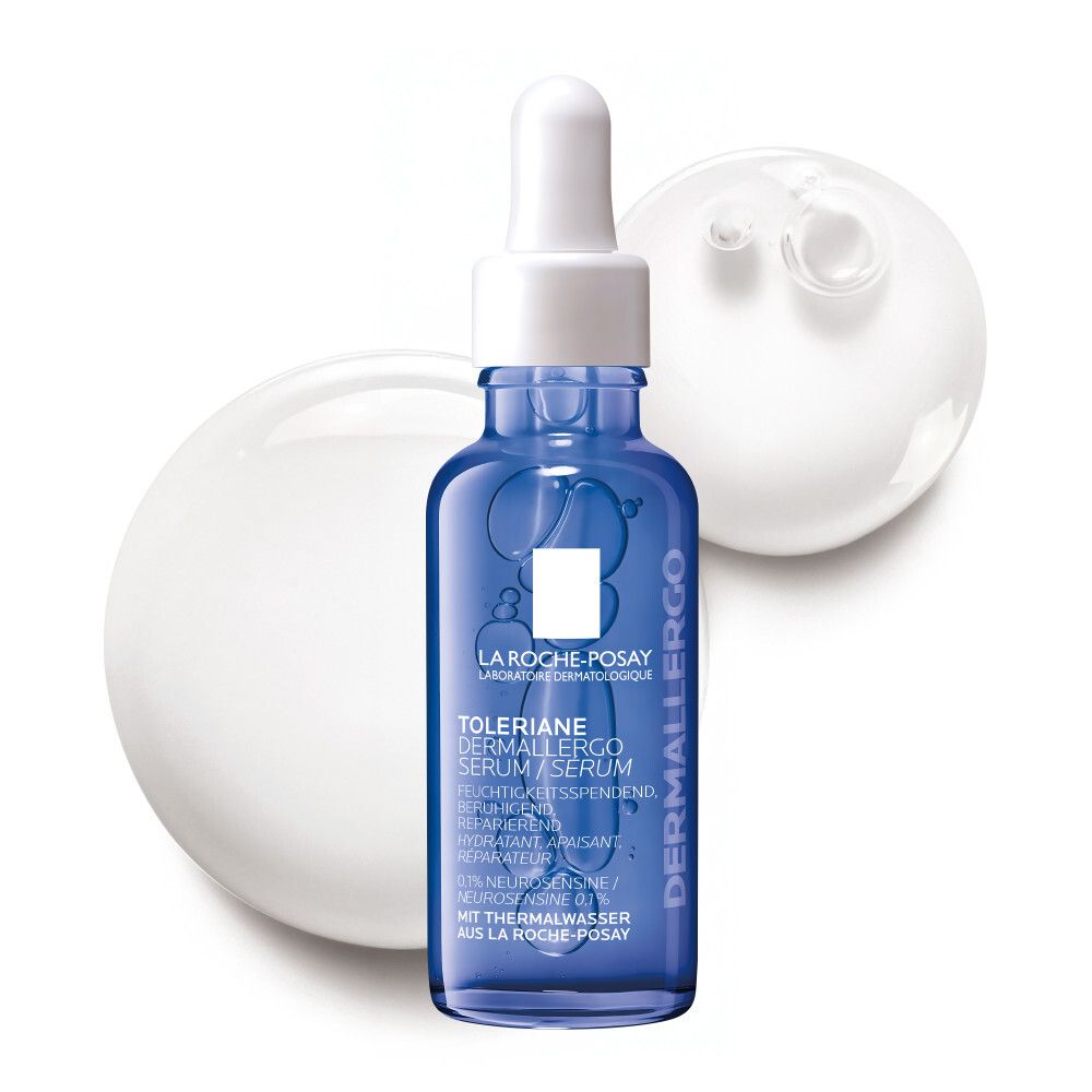 Blaues Serumfläschchen mit Pipette. Aufschrift: Toleriane Dermallergo Serum. Logo: La Roche-Posay. Mit weißen Tropfen.