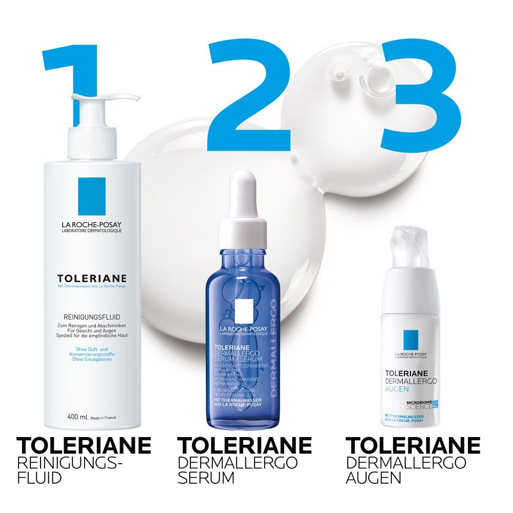 Drei Produkte: Reinigungsfluid, Toleriane Dermallergo Serum, Augencreme. Logo: La Roche-Posay. Beschriftung: Toleriane.