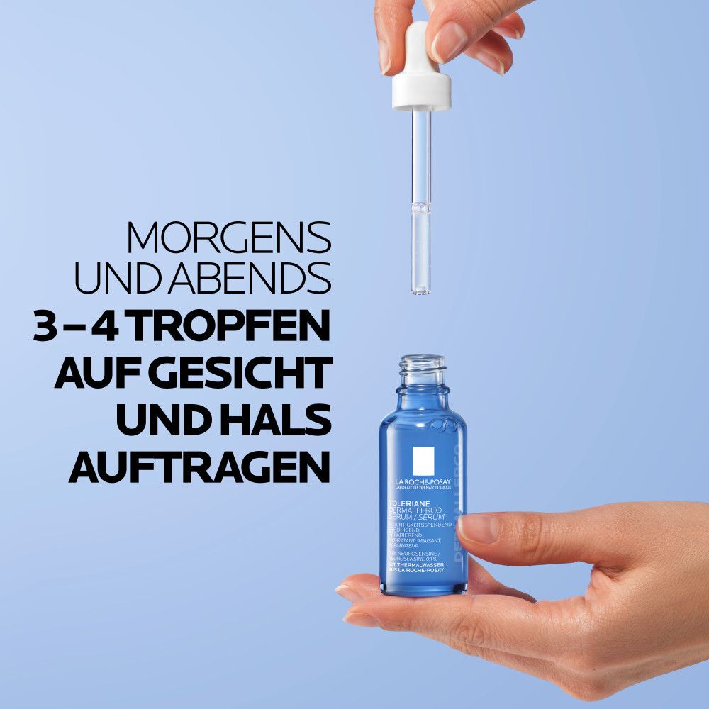 Hände halten Serumfläschchen und Pipette. Aufschrift: 3-4 Tropfen auf Gesicht und Hals auftragen. Logo: La Roche-Posay.