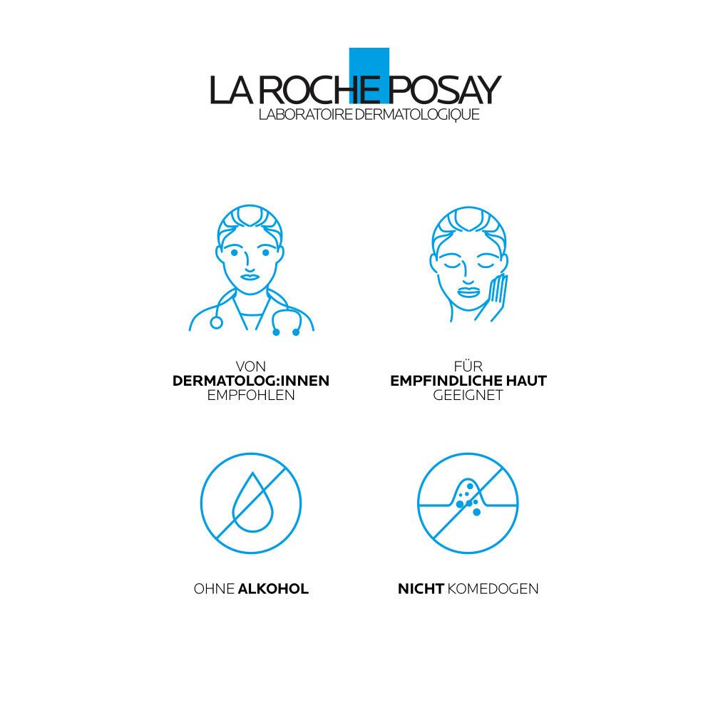 Grafik mit Symbolen: Dermatologen-Empfehlung, für empfindliche Haut geeignet, ohne Alkohol, nicht komedogen. Logo: La Roche-Posay.