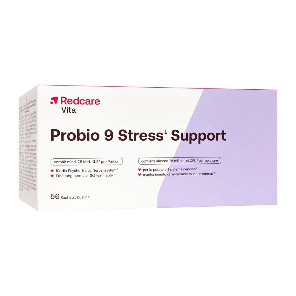 Verpackung von Redcare Vita Probio 9 Stress¹ Support. 56 Sachets. Weiß, lila und rot.