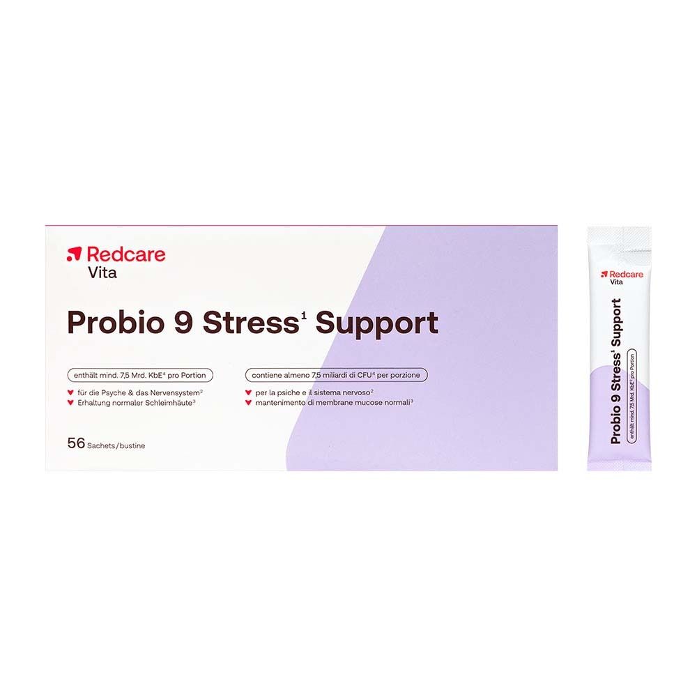 Schachtel und Sachet von Redcare Vita Probio 9 Stress¹ Support. 56 Sachets. Lila und weiß.