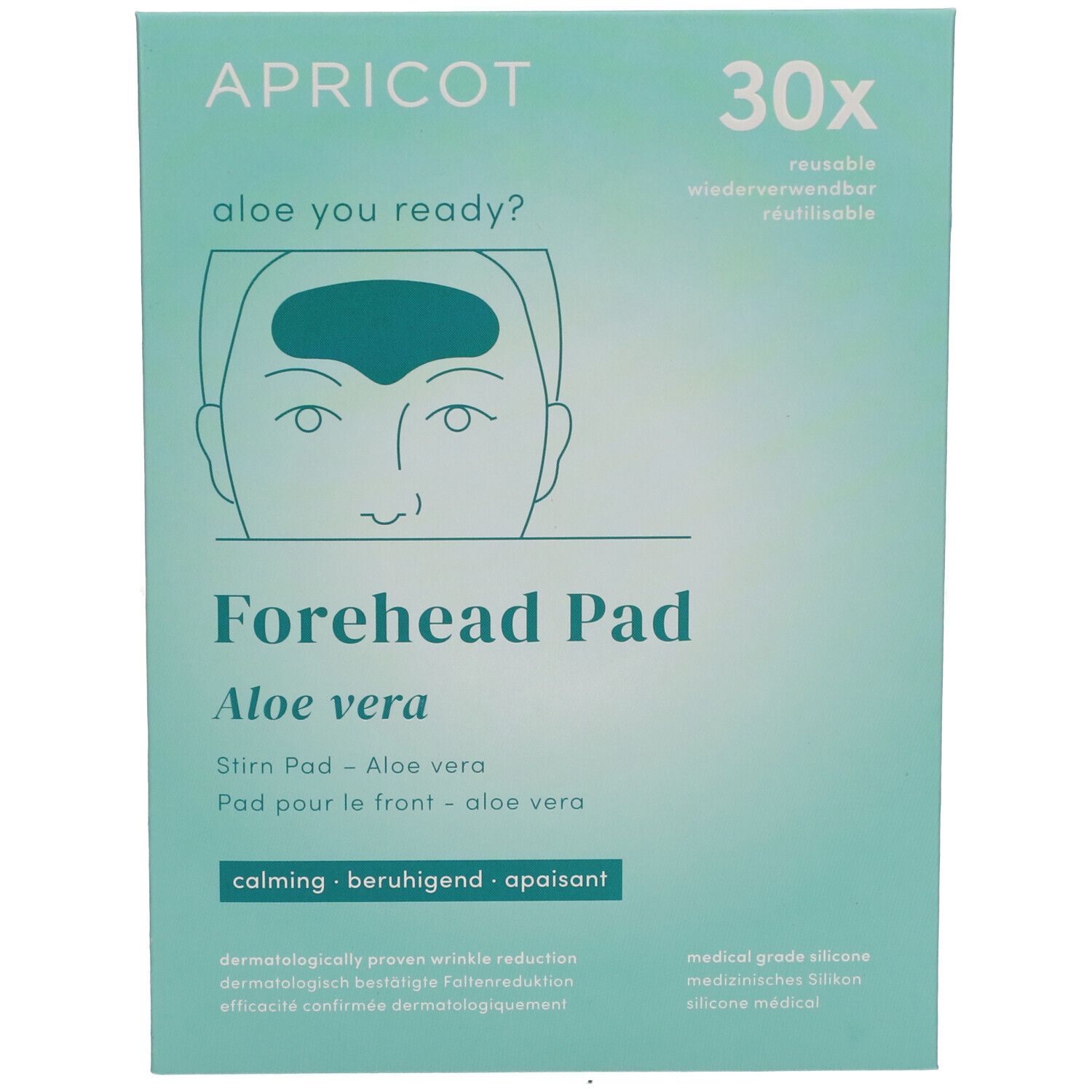 Verpackung der Stirn Pad mit Aloe Vera. Marke APRICOT. Aufdruck: Forehead Pad, Aloe vera. 30x wiederverwendbar. Illustration eines Gesichts.