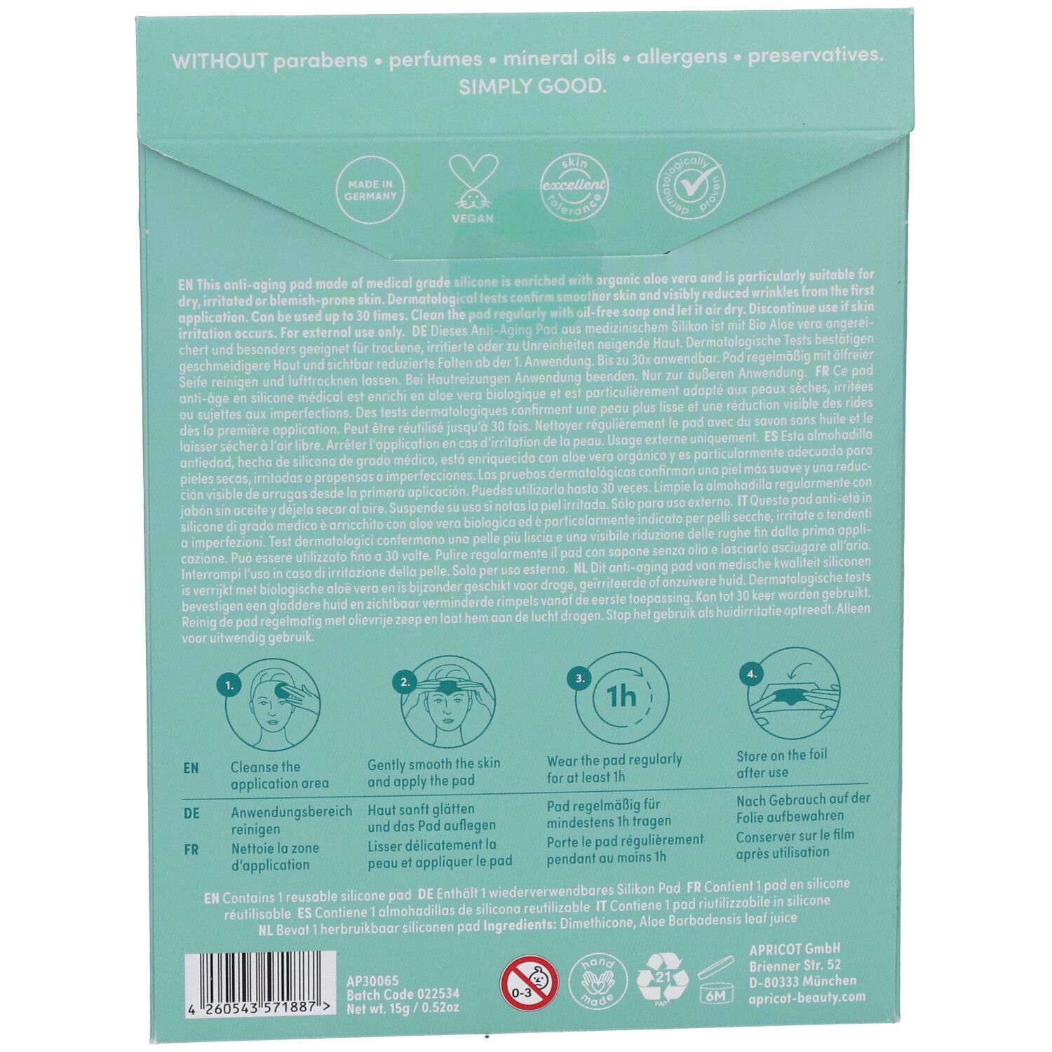 Rückseite der Verpackung. Text: Ohne Parabene, Parfums, Mineralöle, Allergene, Konservierungsstoffe. Anweisungen mit Piktogrammen zur Anwendung.