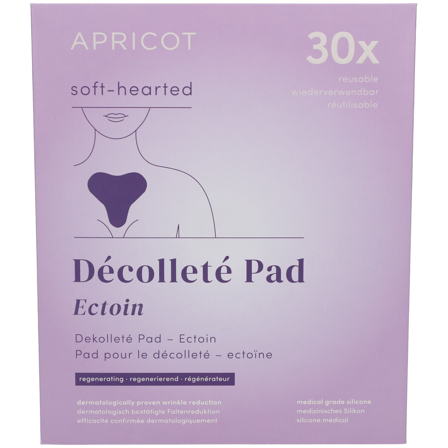 Verpackung mit Produktabbildung. Aufschrift: APRICOT, Décolleté Pad Ectoin, 30x wiederverwendbar. Lila Hintergrund.