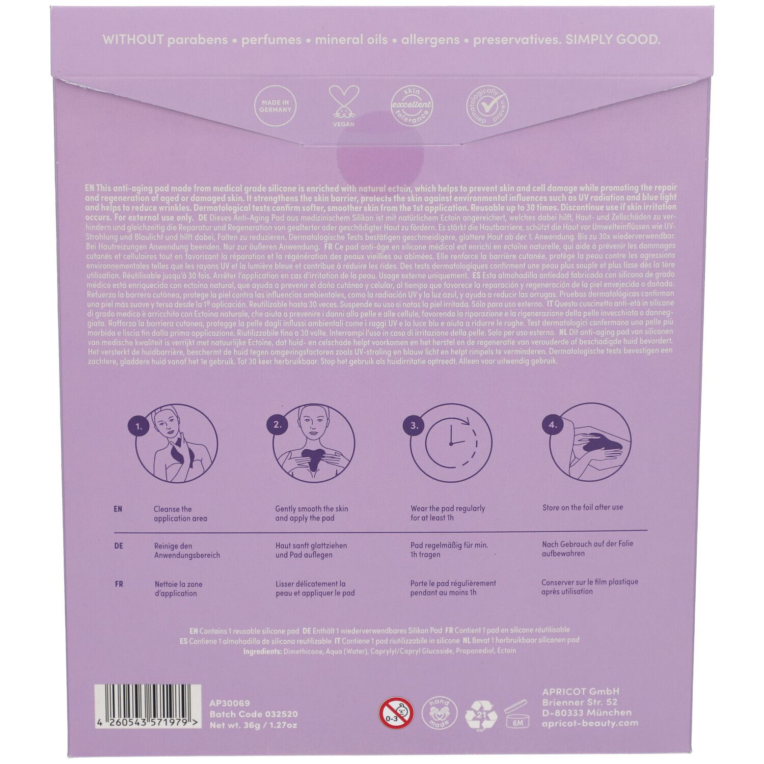 Rückseite der Verpackung. Text in mehreren Sprachen. Illustrationen zur Anwendung. Enthält Informationen über Inhaltsstoffe und Hersteller.