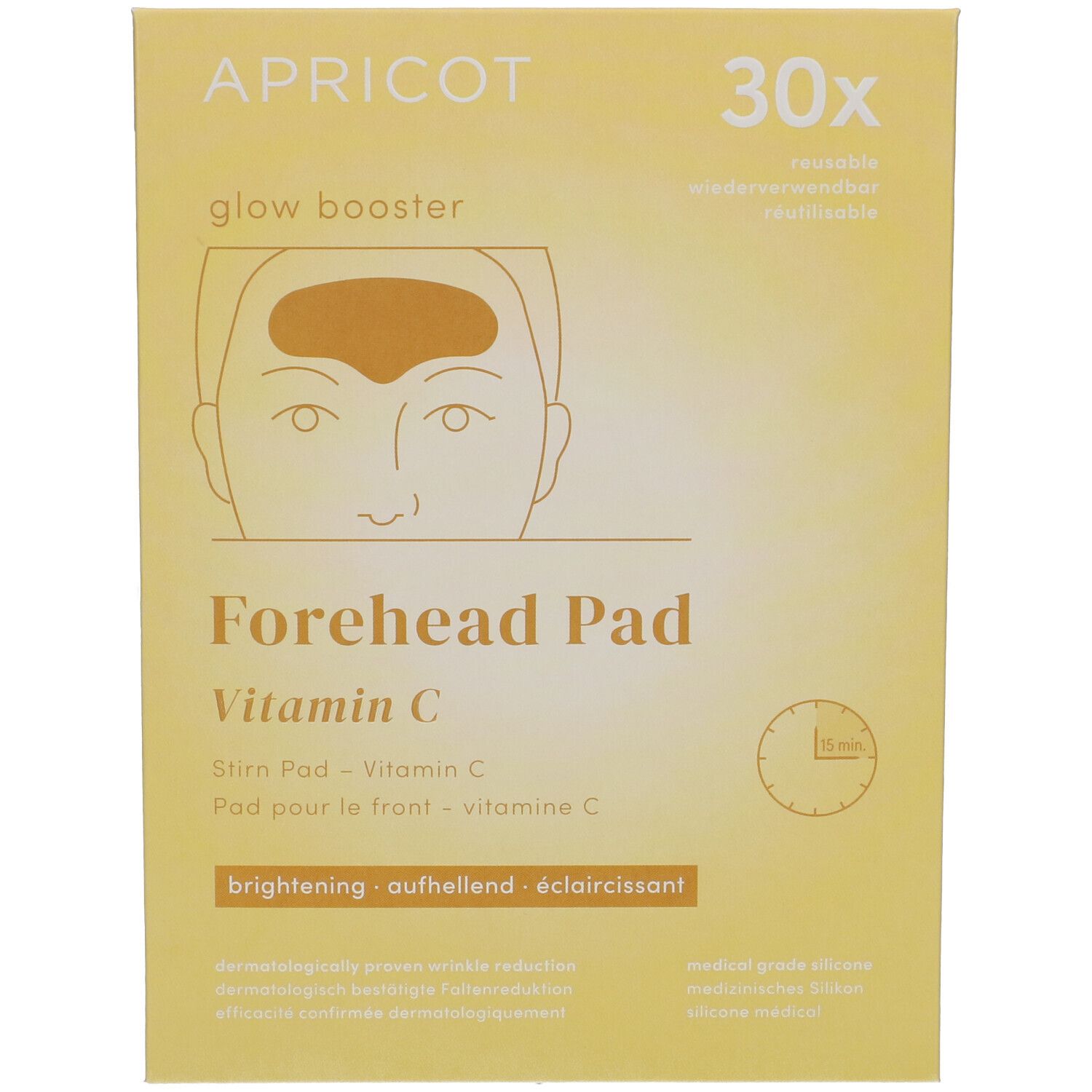 Gelbe Verpackung mit Produktabbildung und Schriftzug "APRICOT Forehead Pad Vitamin C". Enthält 30 Pads.