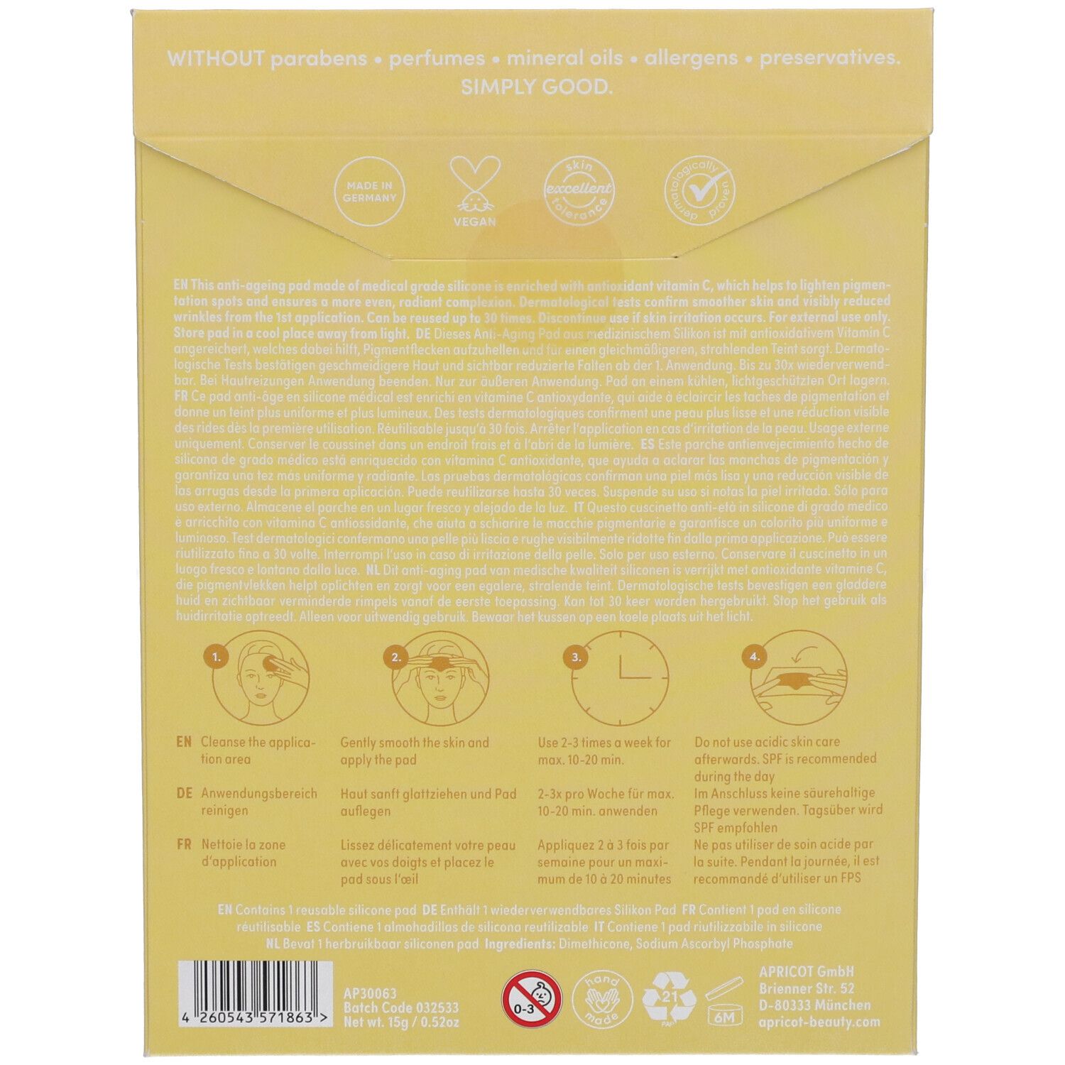 Rückseite der gelben Verpackung mit Text und Piktogrammen. Enthält Informationen über das Produkt und seine Anwendung.