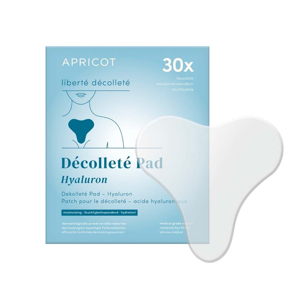 Verpackung mit APRICOT liberté décolleté Pad. Enthält 30 Pads. Produktname und Abbildung eines Dekolleté-Bereichs.