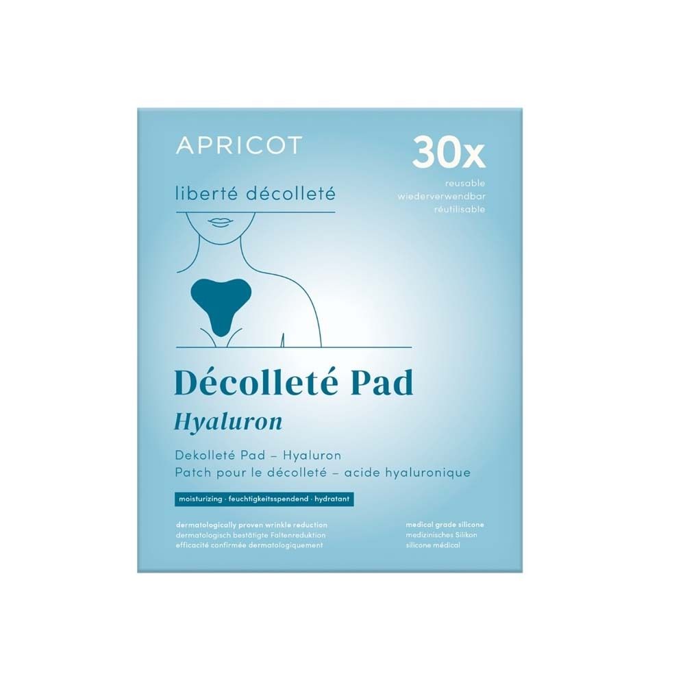 Verpackung mit APRICOT liberté décolleté Pad. Produktname und Abbildung eines Dekolleté-Bereichs. Enthält 30 Pads.