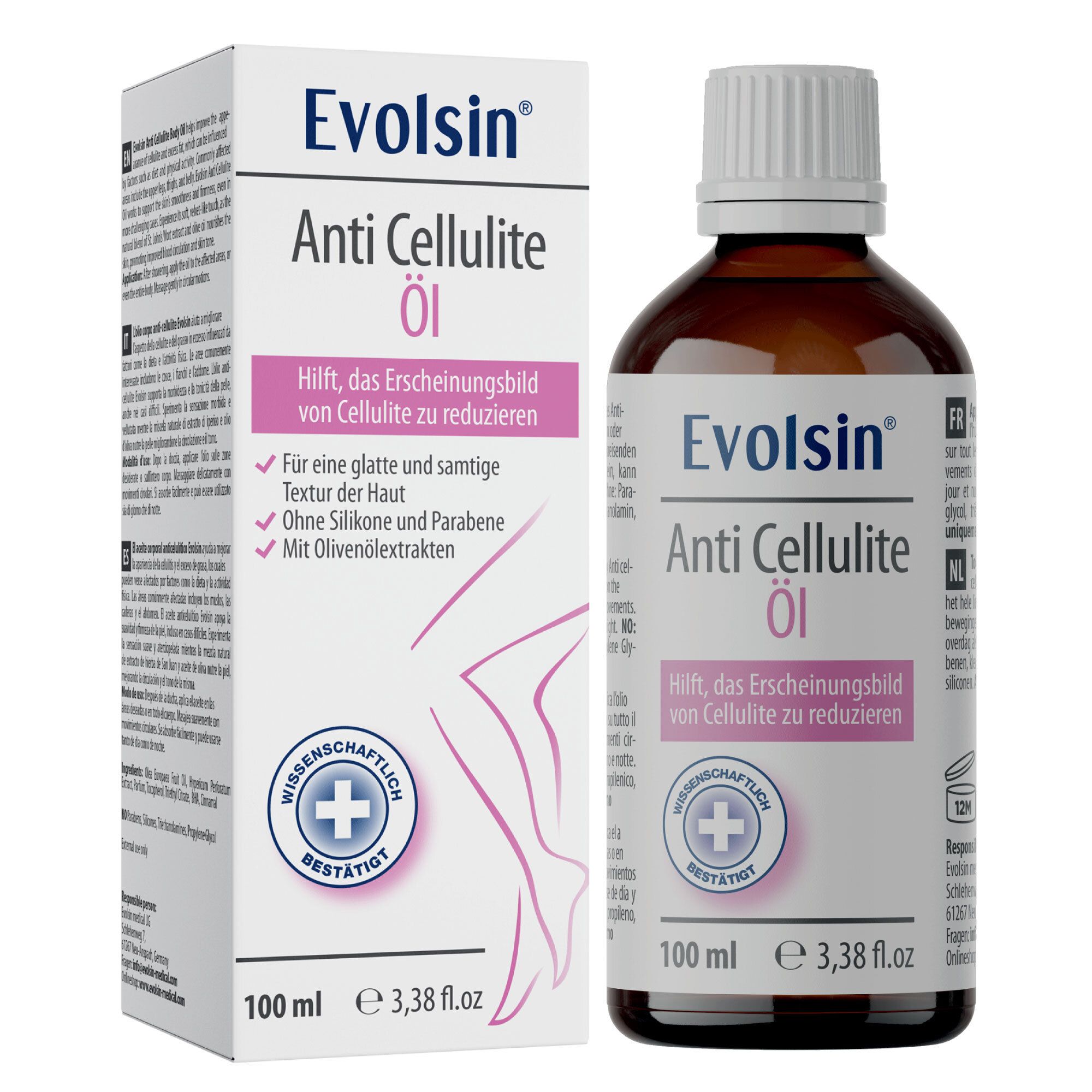 Evolsin® Anti Cellulite Öl. Flasche und Verpackung. Hilft, das Erscheinungsbild von Cellulite zu reduzieren. Mit Olivenextrakten.