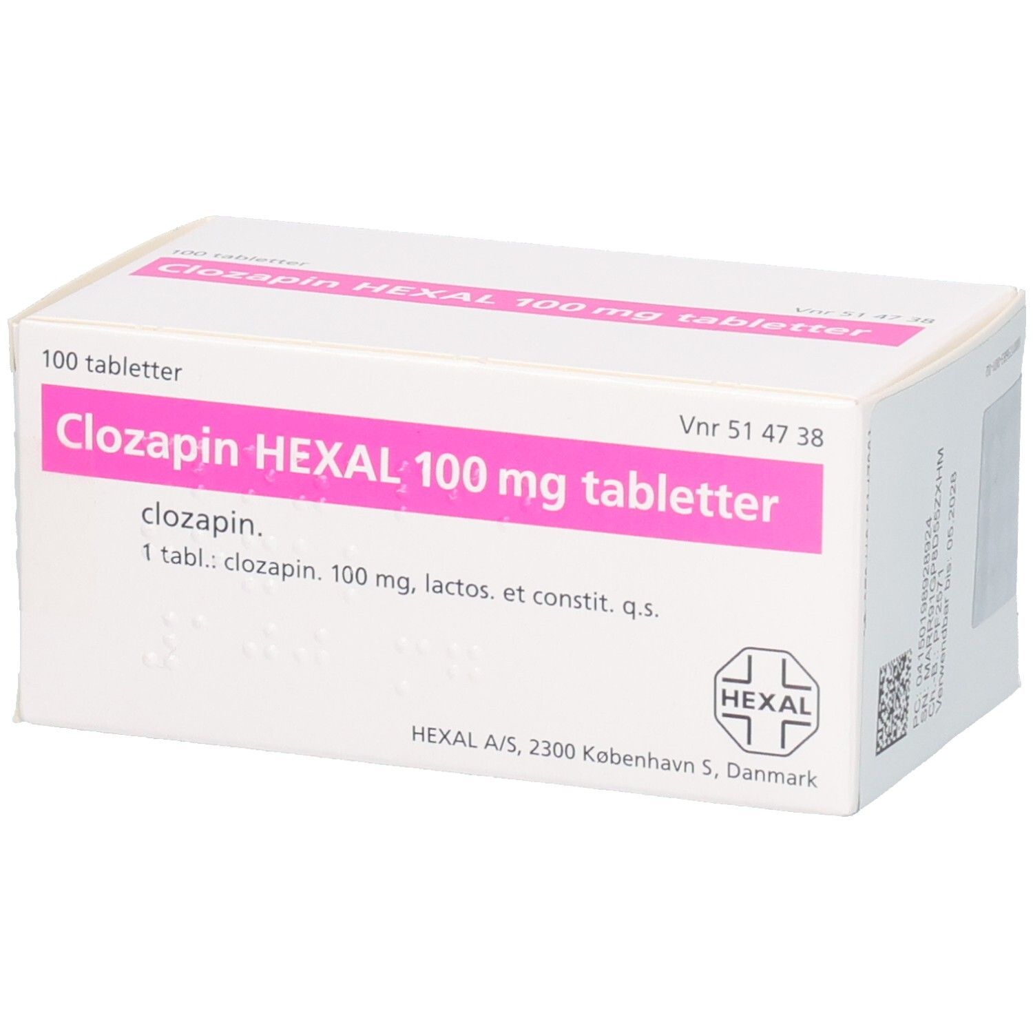 Packung mit 100 Tabletten Clozapin HEXAL 100 mg.