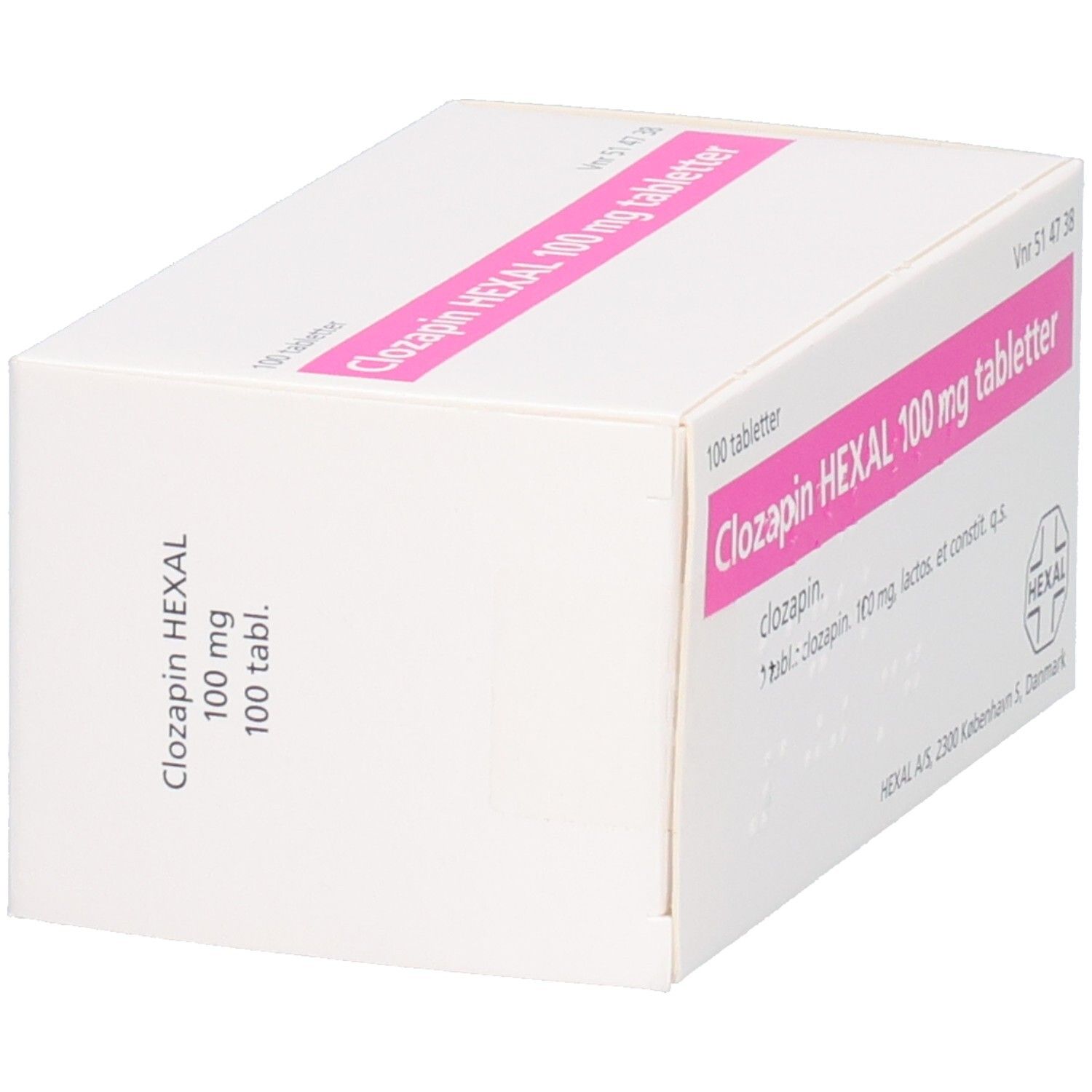 Packung mit 100 Tabletten Clozapin HEXAL 100 mg, Seitenansicht.