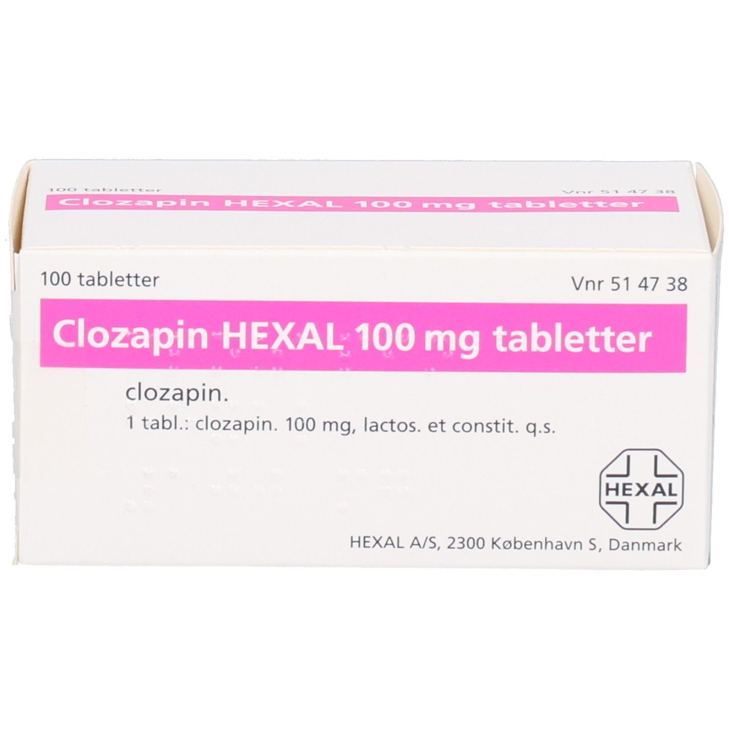 Packung mit 100 Tabletten Clozapin HEXAL 100 mg, Vorderansicht.