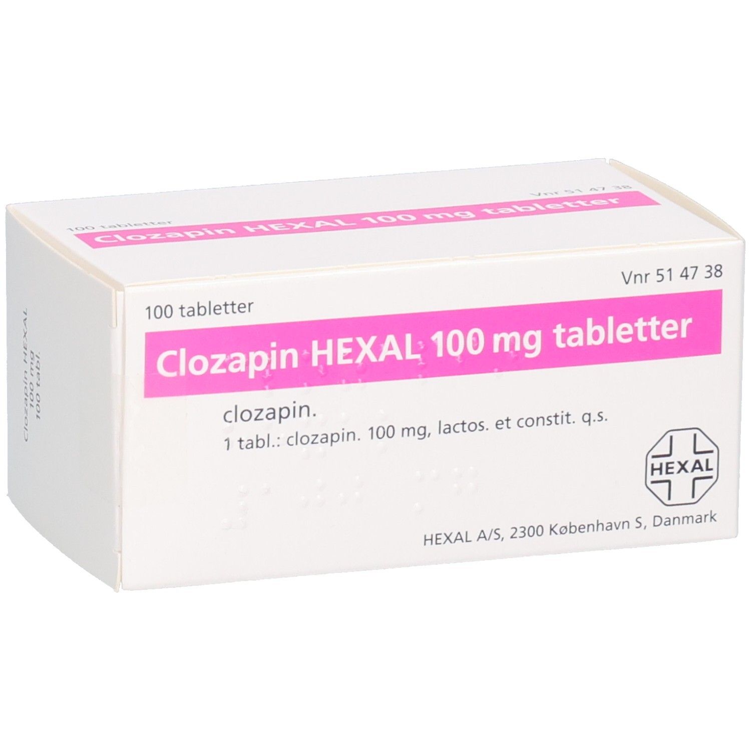 Packung mit 100 Tabletten Clozapin HEXAL 100 mg, schräge Ansicht.