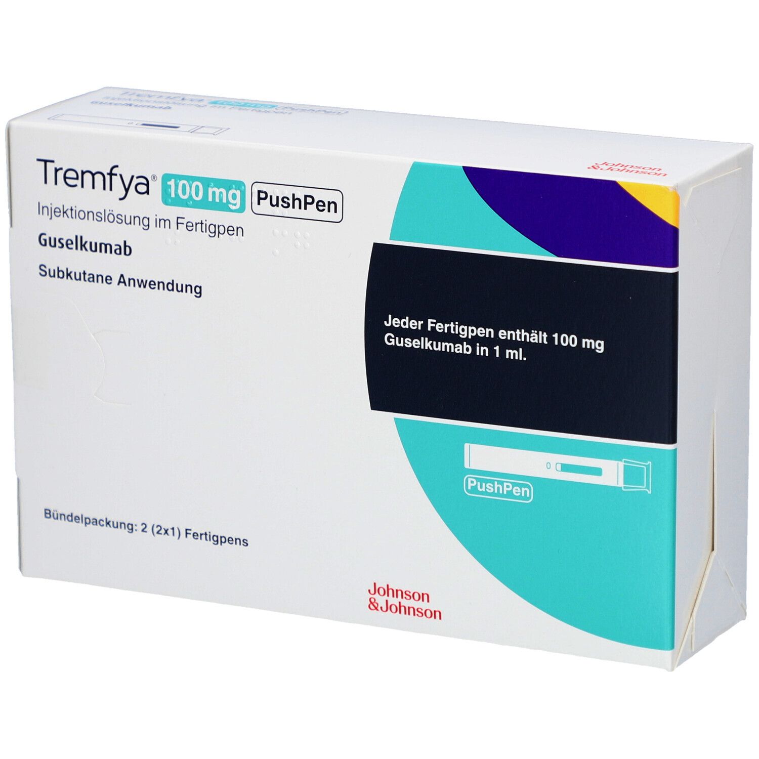 Verpackung von TREMFYA 100 mg PushPen. Enthält 2 Fertigpens. Text: Injektionslösung, Guselkumab, subkutane Anwendung. Johnson & Johnson.
