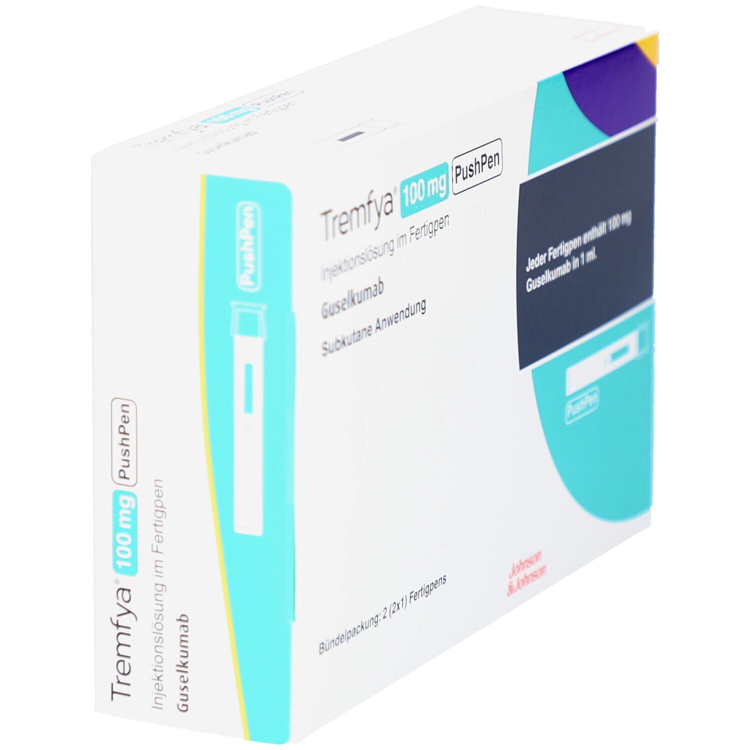 Verpackung von TREMFYA 100 mg PushPen. Enthält 2 Fertigpens. Text: Injektionslösung, Guselkumab, subkutane Anwendung. Johnson & Johnson.