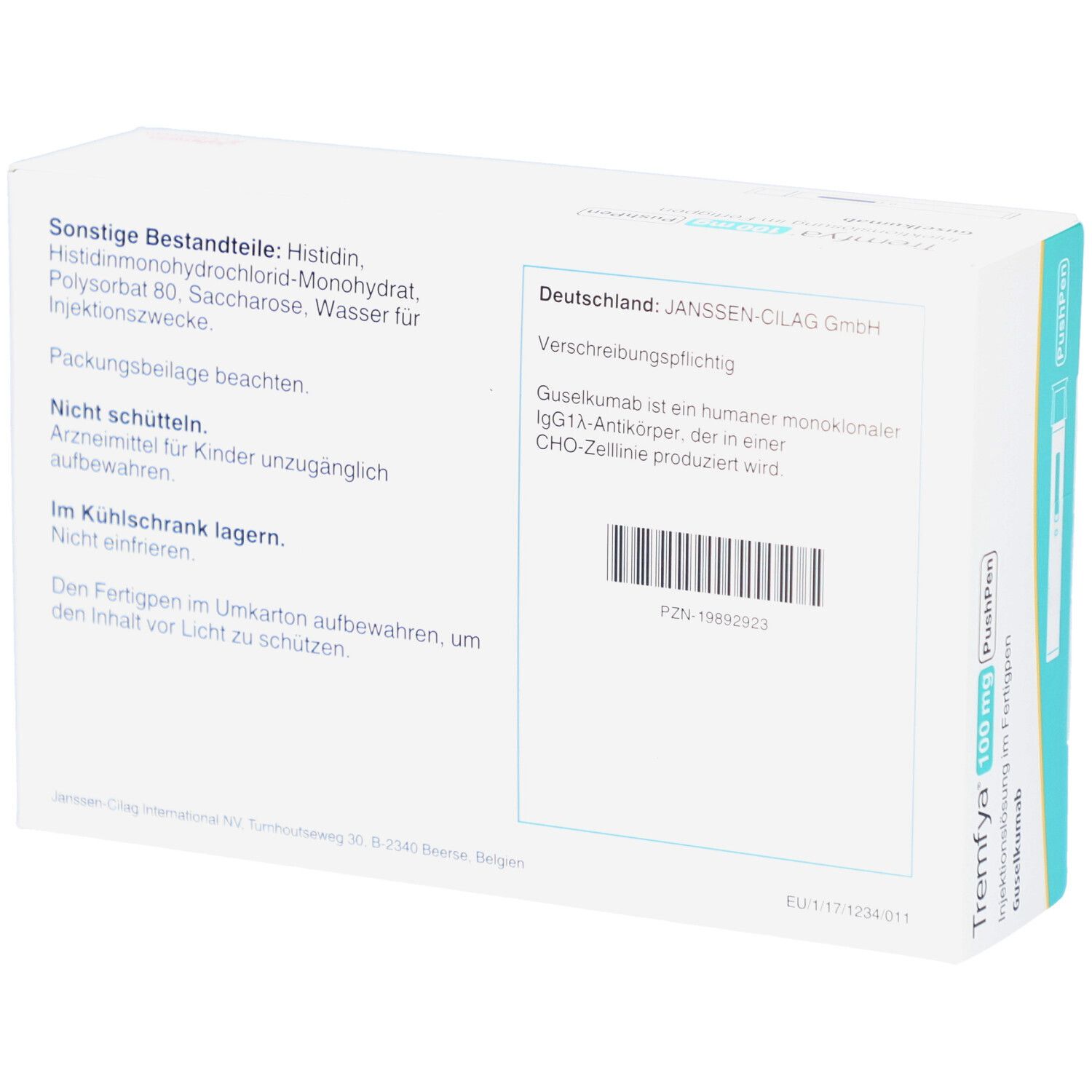 Rückseite der Verpackung von TREMFYA 100 mg PushPen. Text: Inhaltsstoffe, Lagerungshinweise, Herstellerinformationen, Barcode.