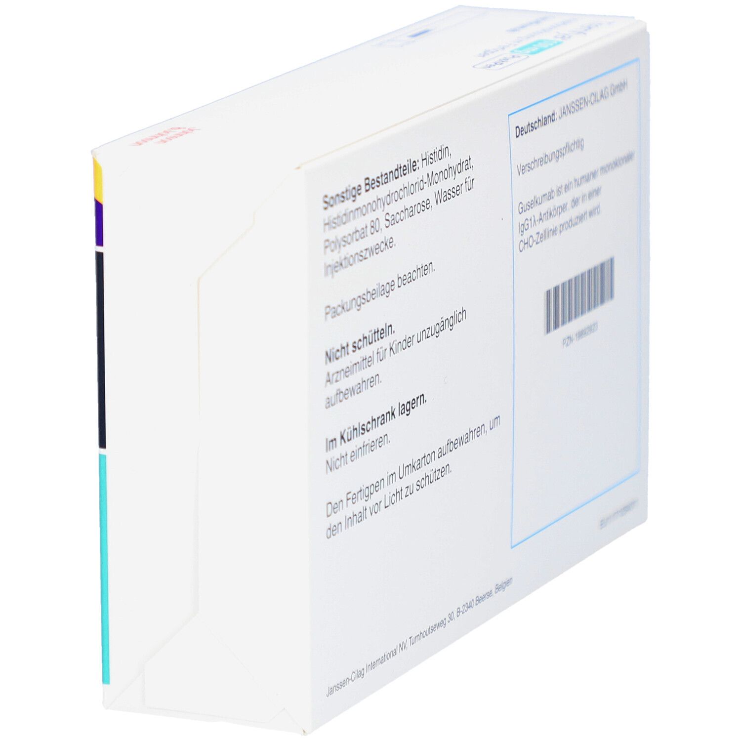 Rückseite der Verpackung von TREMFYA 100 mg PushPen. Text: Inhaltsstoffe, Lagerungshinweise, Herstellerinformationen, Barcode.