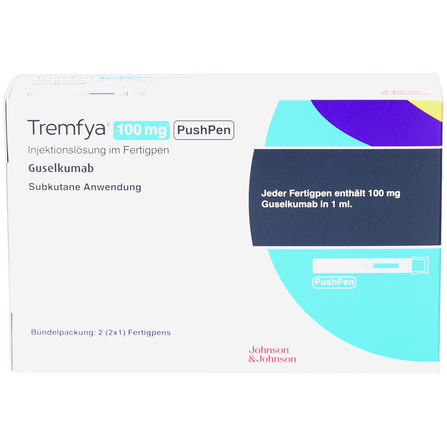 Verpackung von TREMFYA 100 mg PushPen. Enthält 2 Fertigpens. Text: Injektionslösung, Guselkumab, subkutane Anwendung. Johnson & Johnson.