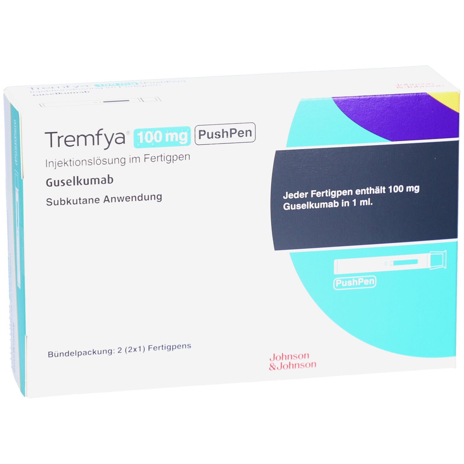 Verpackung von TREMFYA 100 mg PushPen. Enthält 2 Fertigpens. Text: Injektionslösung, Guselkumab, subkutane Anwendung. Johnson & Johnson.