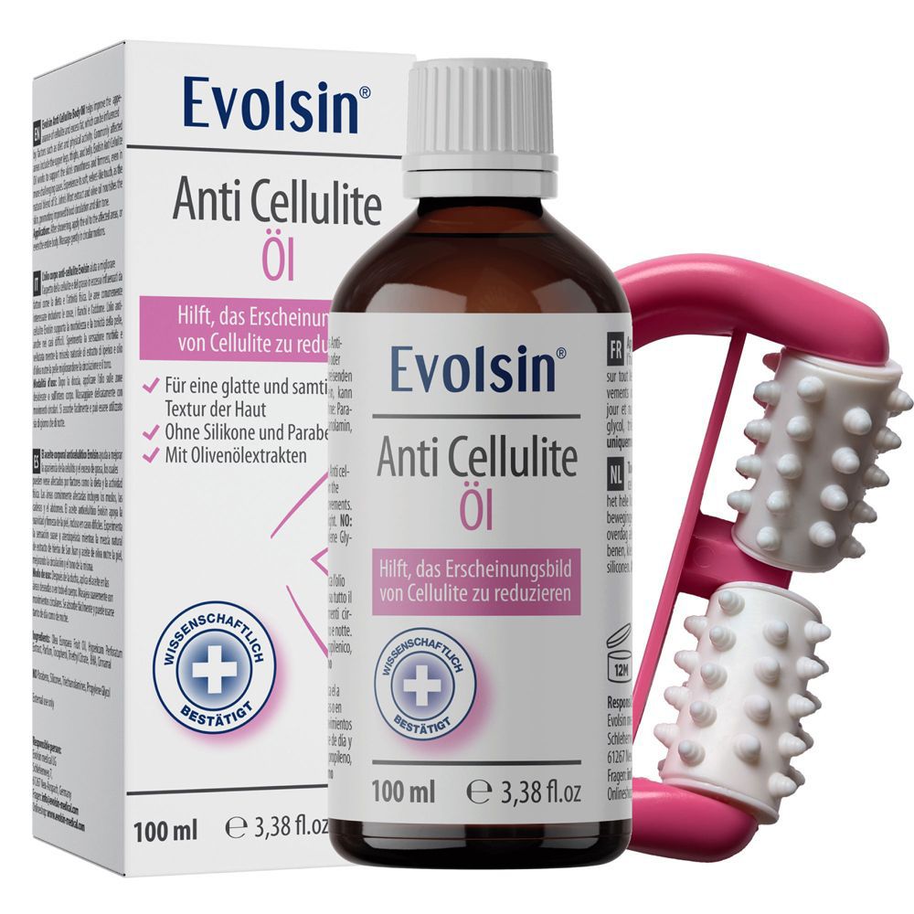 Anti Cellulite Öl Flasche und Massageroller mit Noppen.