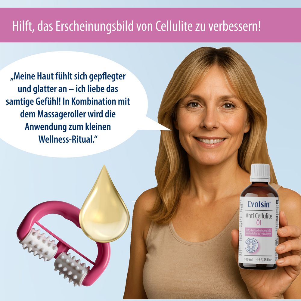 Frau hält Flasche Anti Cellulite Öl, neben einem Massageroller und einem Öltropfen.