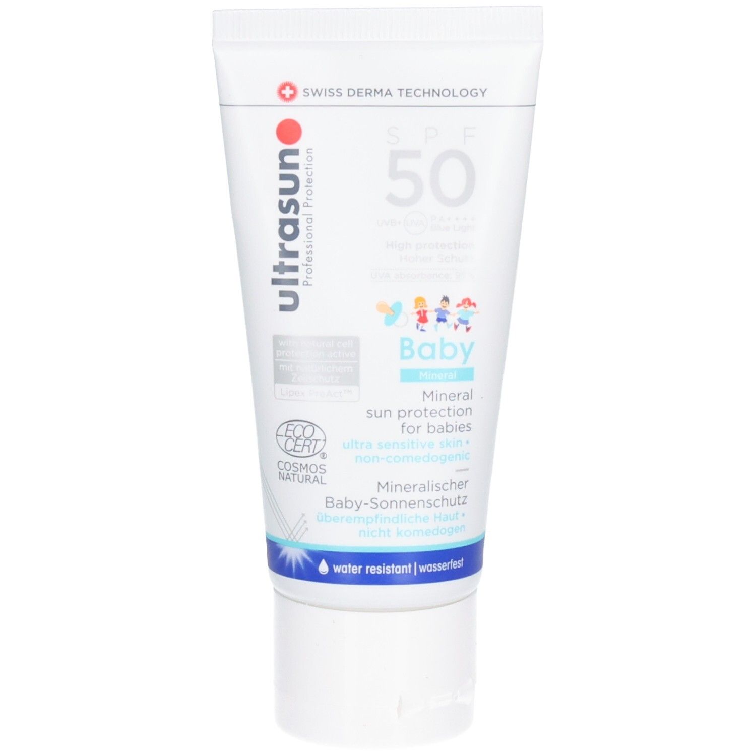 Weisse Tube mit SPF 50. Aufschrift: ultrasun, Baby, Mineral, Sonnenschutz. COSMOS NATURAL-Zertifizierung.