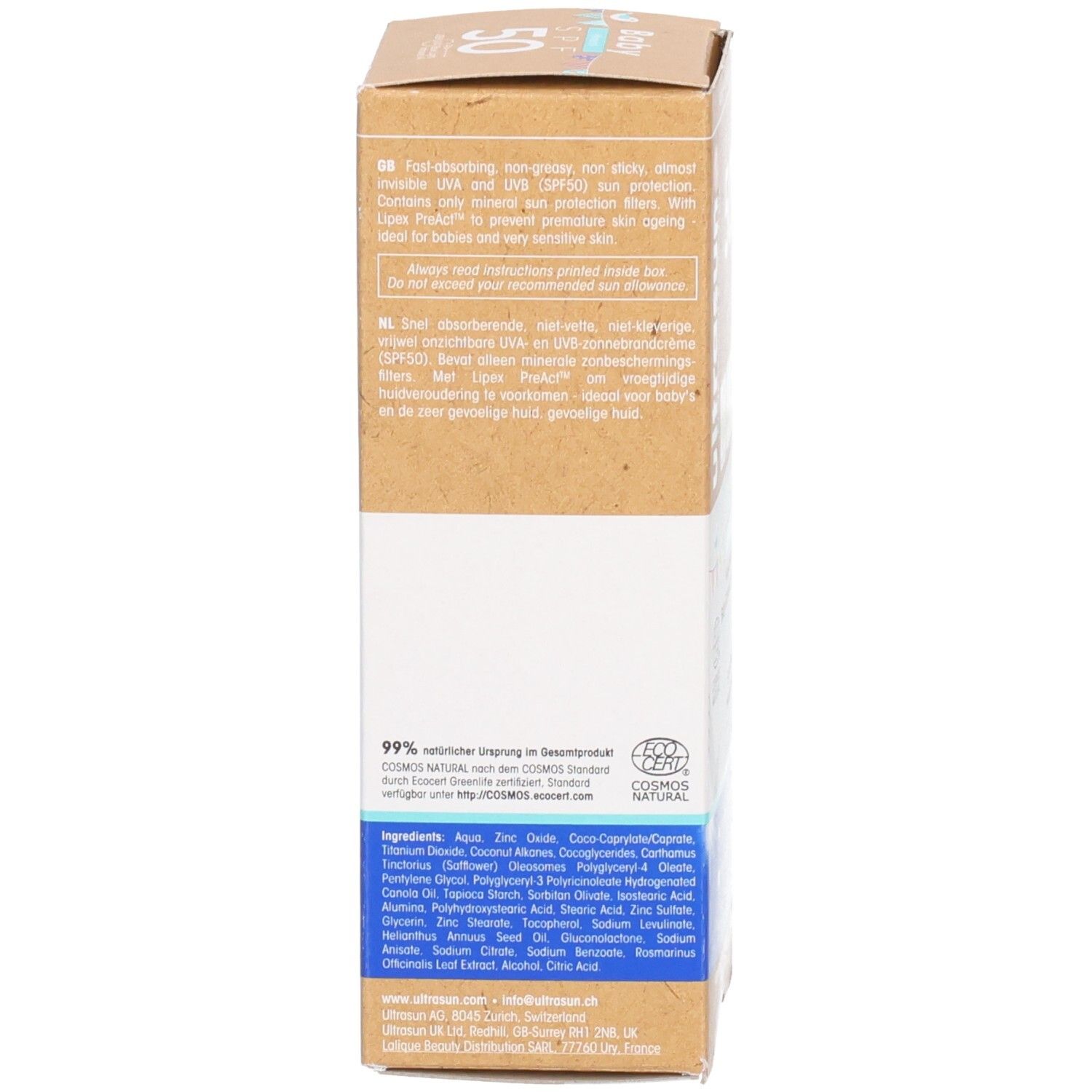 Seitenansicht der Kartonverpackung. Text in mehreren Sprachen. Inhaltsstoffe und Zertifizierungen.