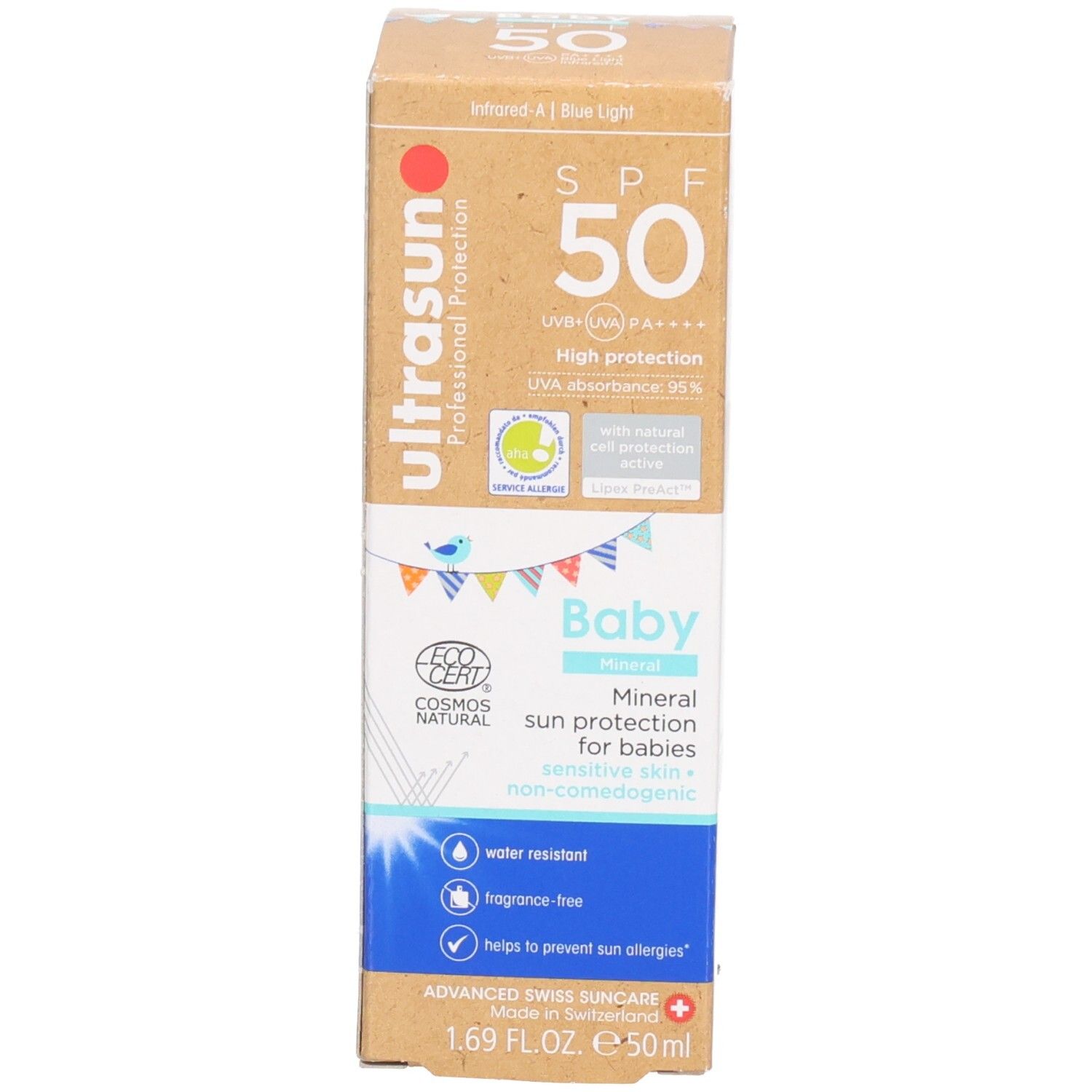 Kartonverpackung. Aufschrift: ultrasun, Baby, SPF 50. Zertifizierungen und Produktinformationen.