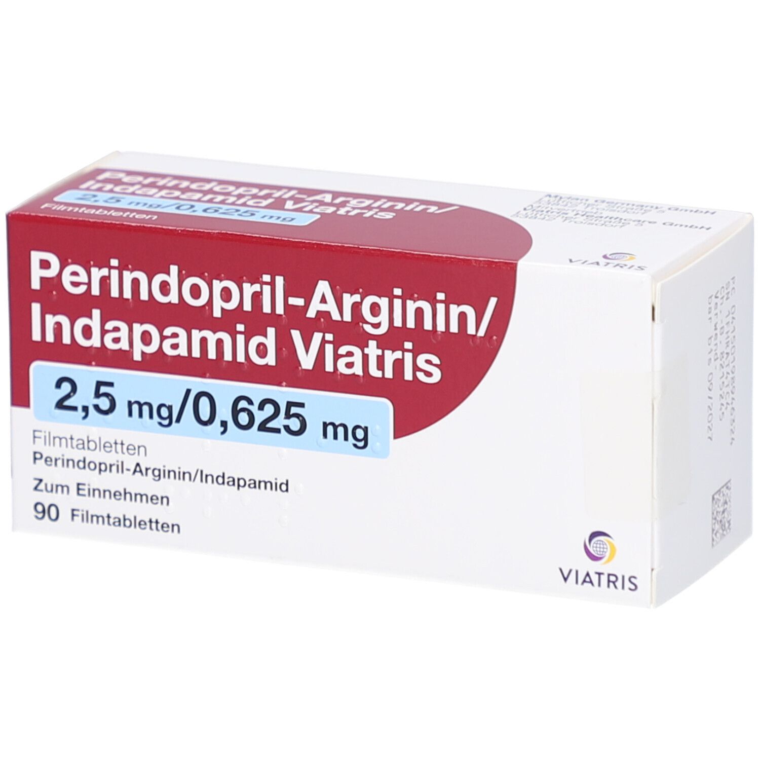 Arzneimittelpackung mit rotem und weißem Design. Aufschrift: Perindopril-Arginin/Indapamid Viatris, 2,5 mg/0,625 mg.