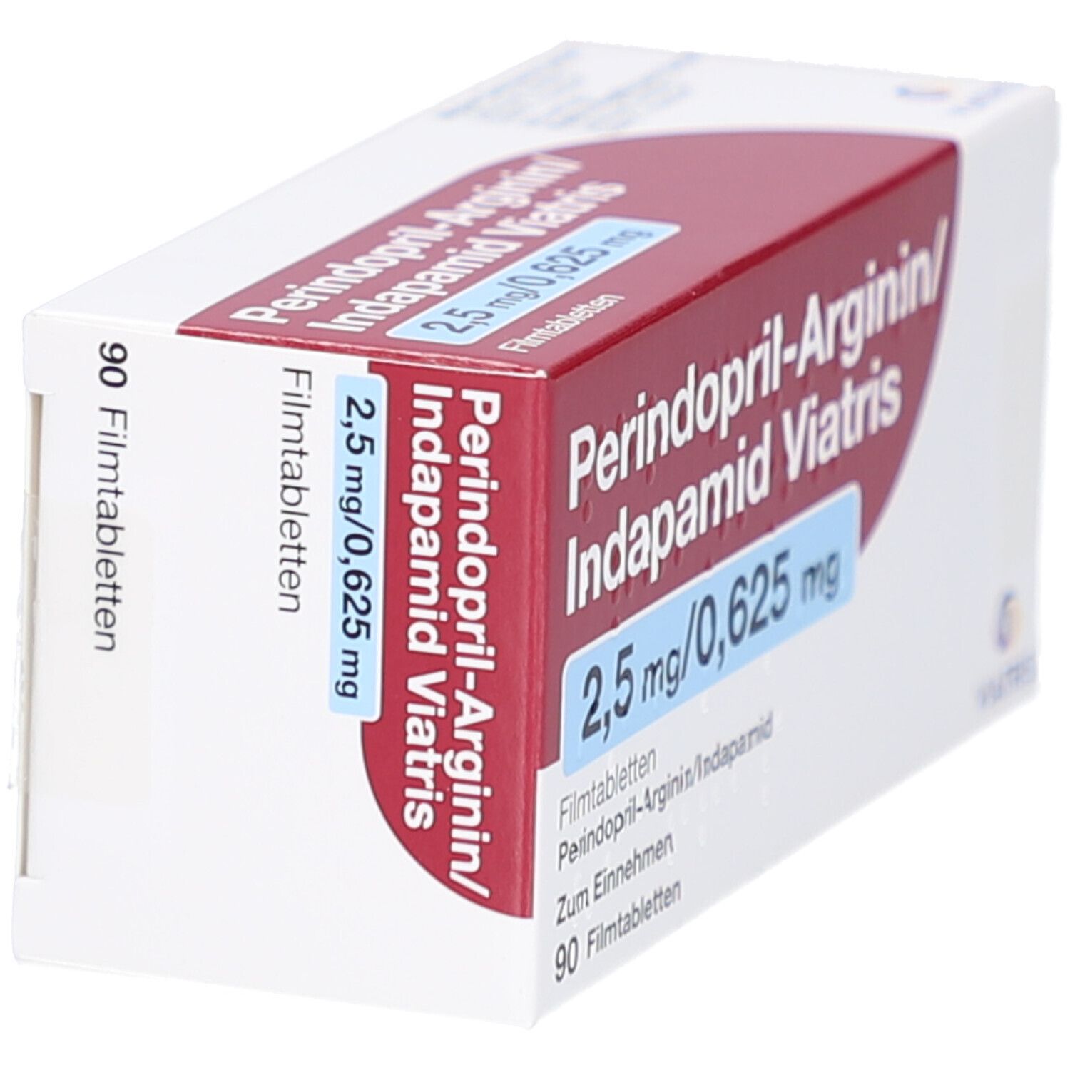 Schräg gestellte Arzneimittelpackung. Aufschrift: Perindopril-Arginin/Indapamid Viatris, 2,5 mg/0,625 mg. 90 Filmtabletten.