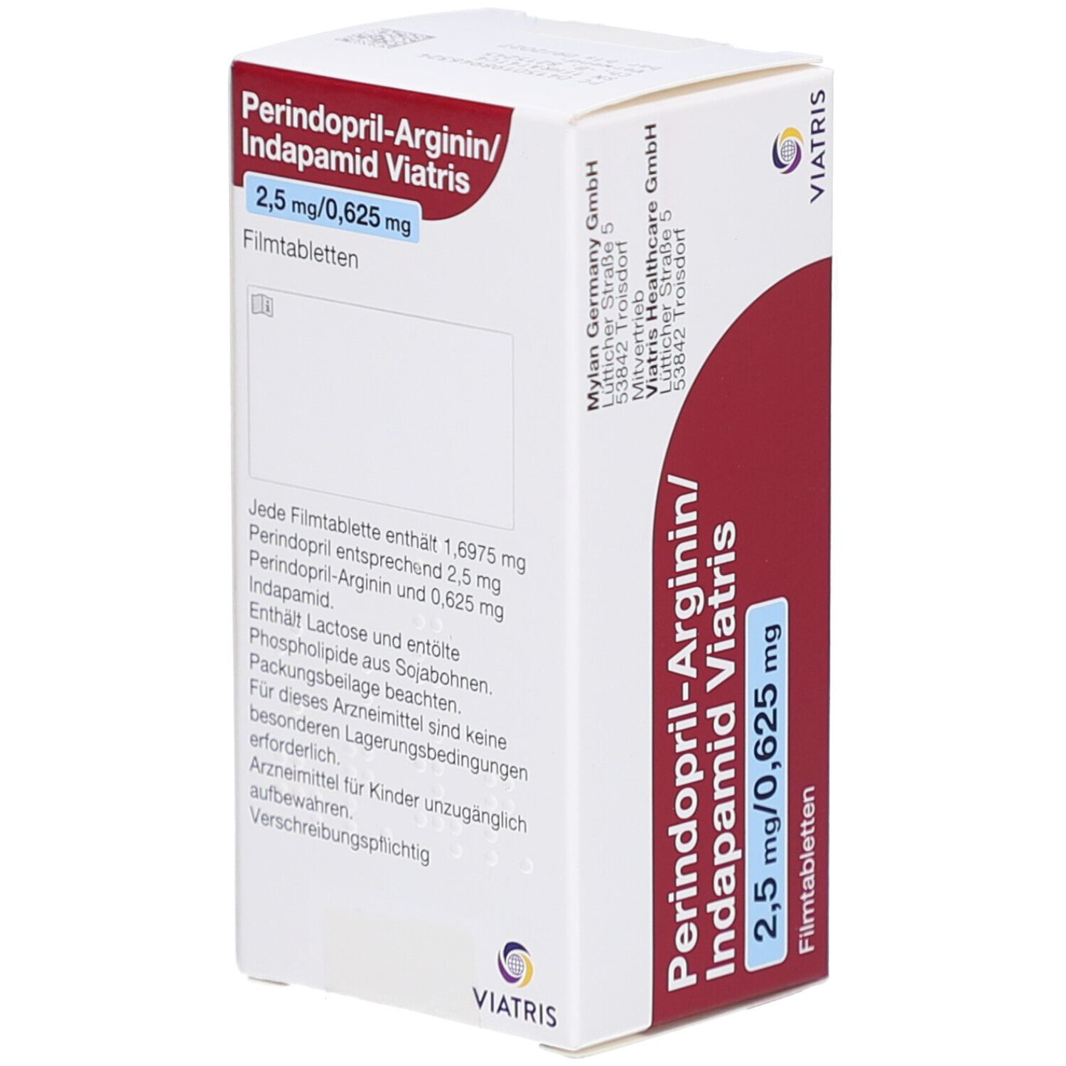 Arzneimittelpackung mit rotem und weißem Design. Aufschrift: Perindopril-Arginin/Indapamid Viatris, 2,5 mg/0,625 mg. Viatris Logo.