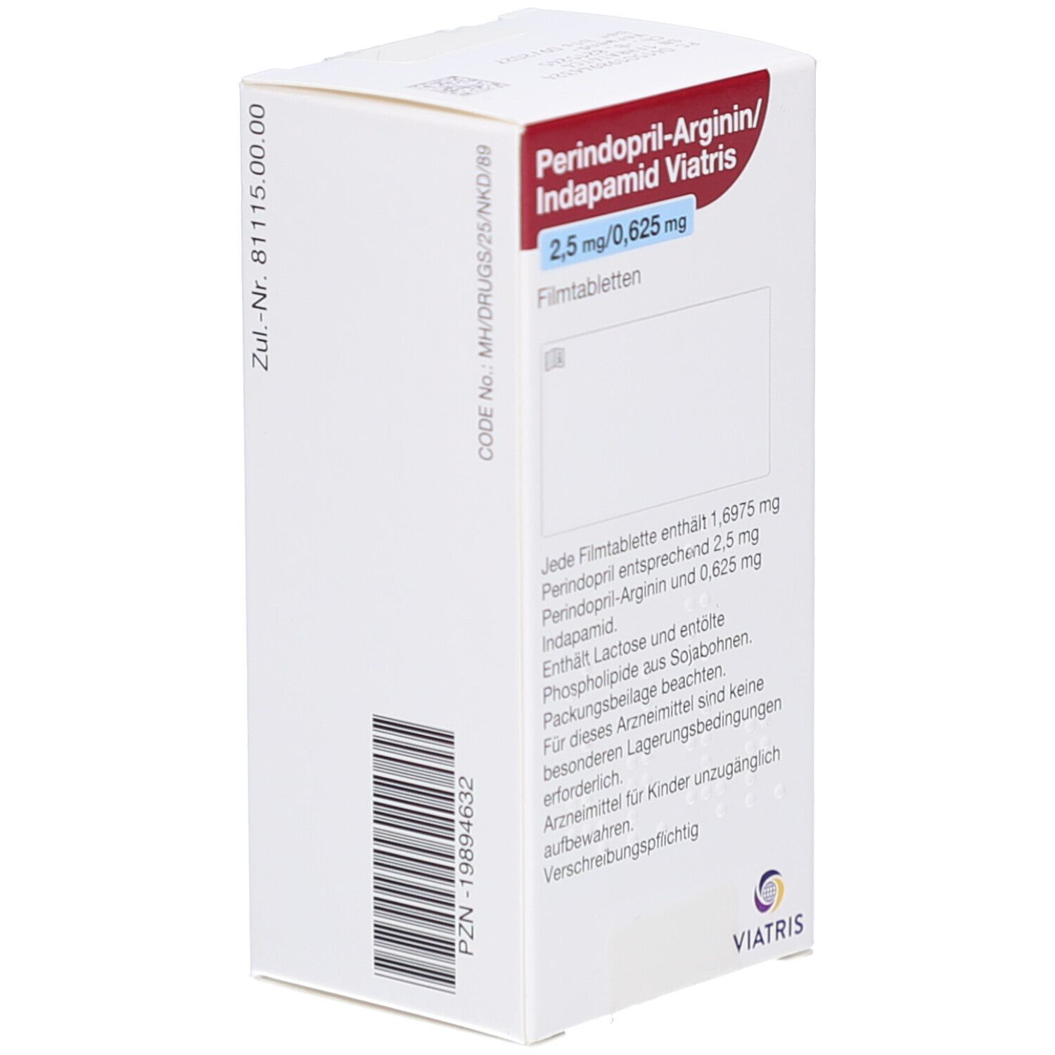 Arzneimittelpackung mit rotem und weißem Design. Aufschrift: Perindopril-Arginin/Indapamid Viatris, 2,5 mg/0,625 mg. Viatris Logo.