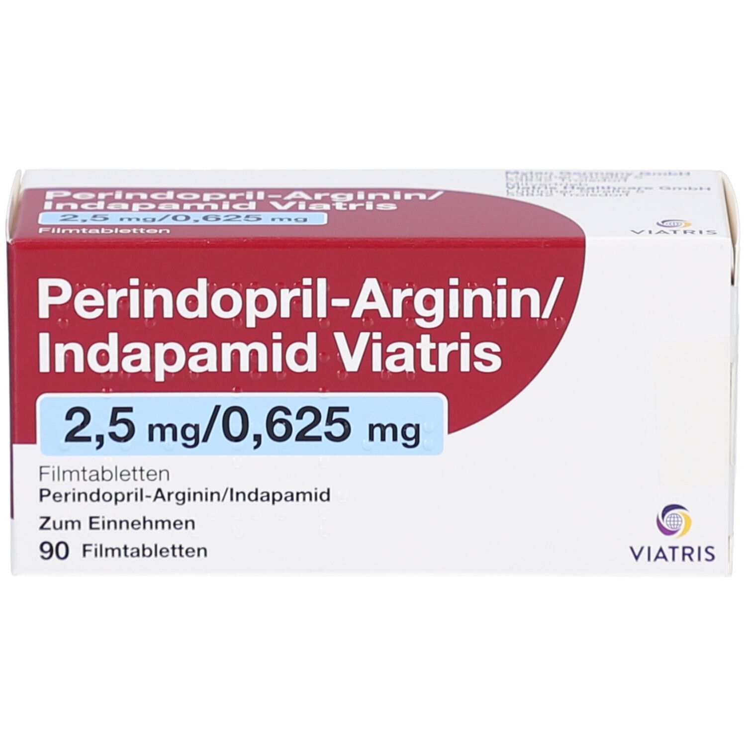 Arzneimittelpackung mit rotem und weißem Design. Aufschrift: Perindopril-Arginin/Indapamid Viatris, 2,5 mg/0,625 mg. 90 Filmtabletten.
