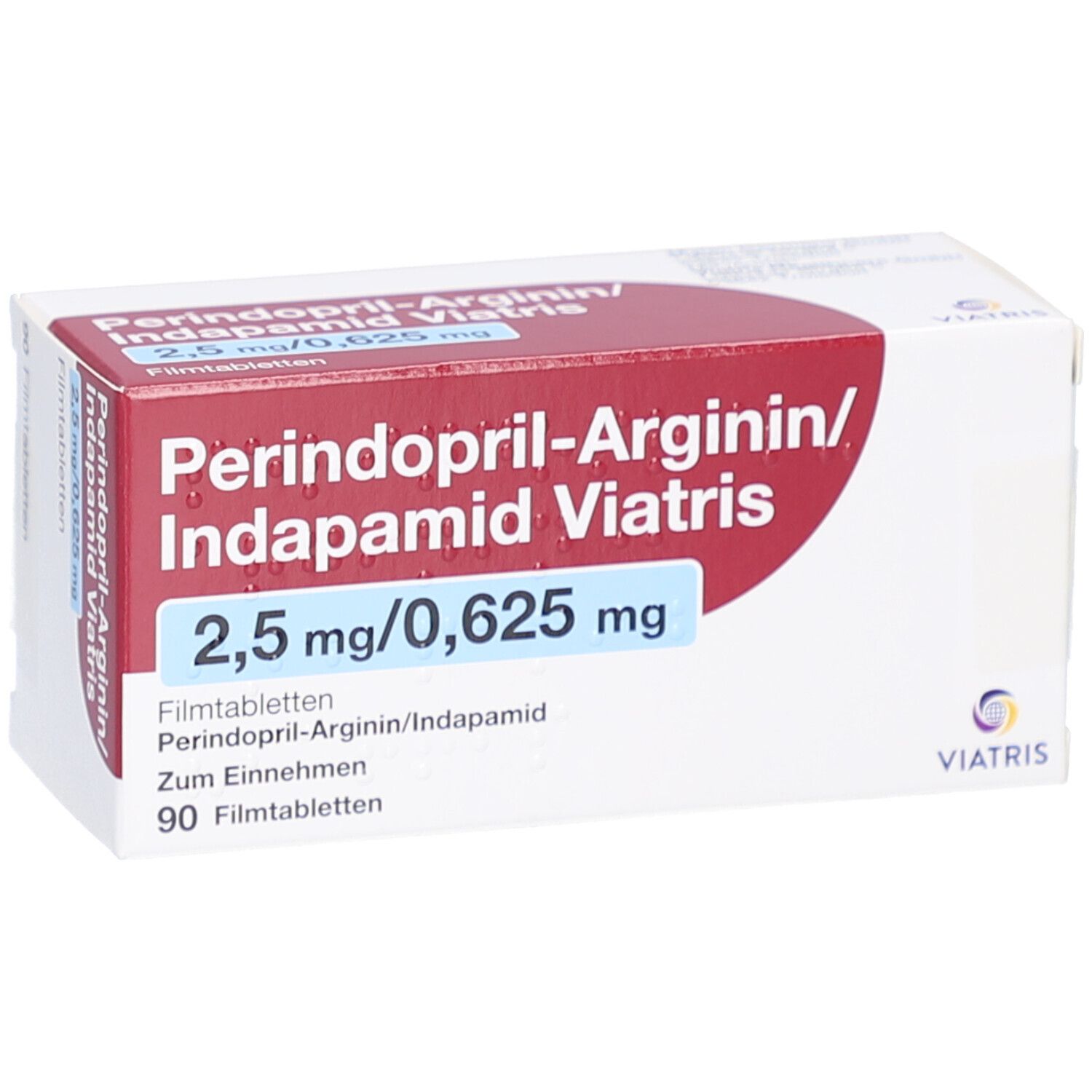 Arzneimittelpackung mit rotem und weißem Design. Aufschrift: Perindopril-Arginin/Indapamid Viatris, 2,5 mg/0,625 mg. 90 Filmtabletten.