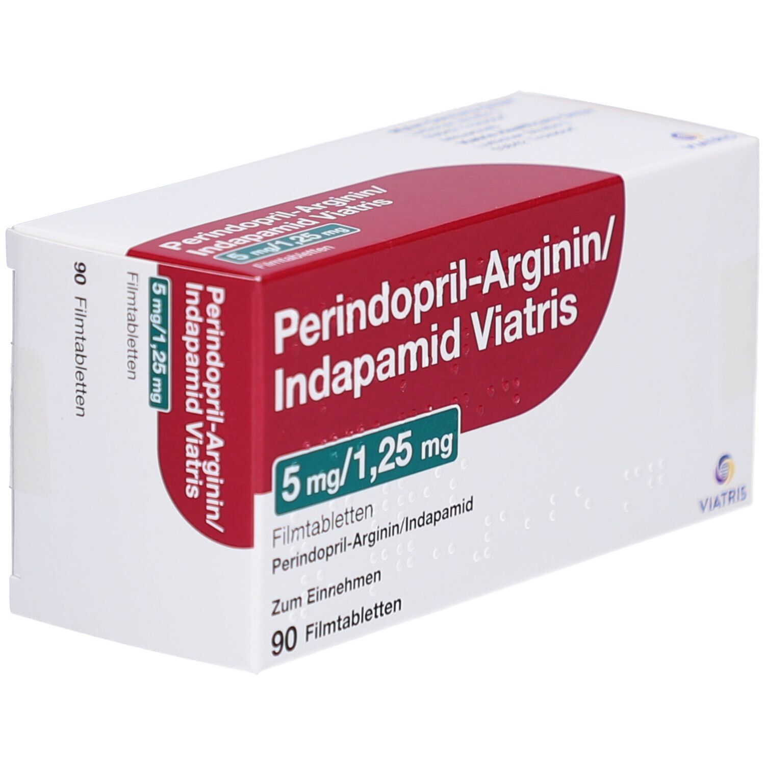 Weiße Faltschachtel mit rotem Streifen. Aufschrift: Perindopril-Arginin/Indapamid Viatris 5mg/1,25mg. 90 Filmtabletten. Viatris Logo.