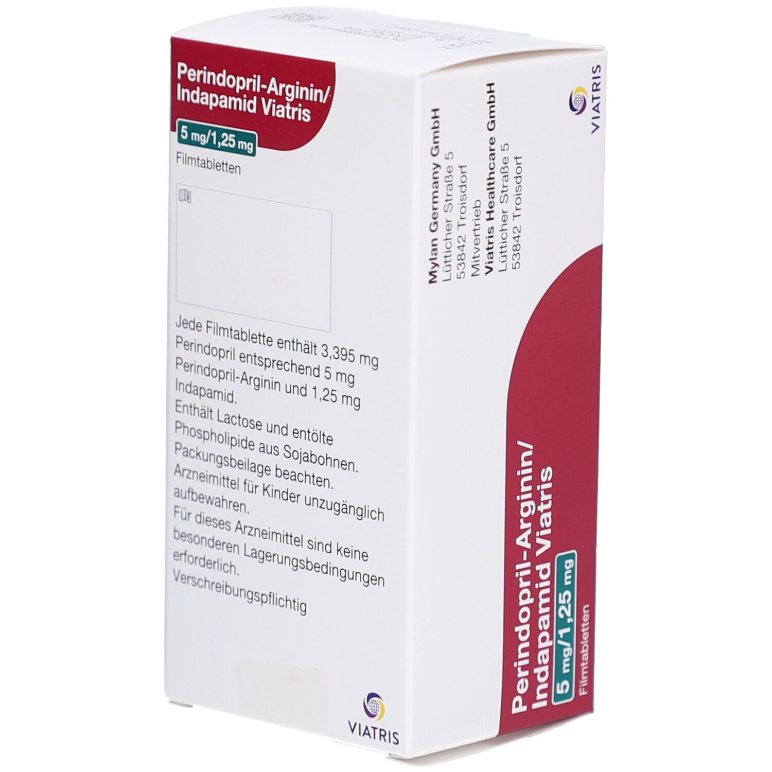 Weiße Faltschachtel mit rotem Streifen. Aufschrift: Perindopril-Arginin/Indapamid Viatris 5mg/1,25mg. Viatris Logo. Text auf der Seite.