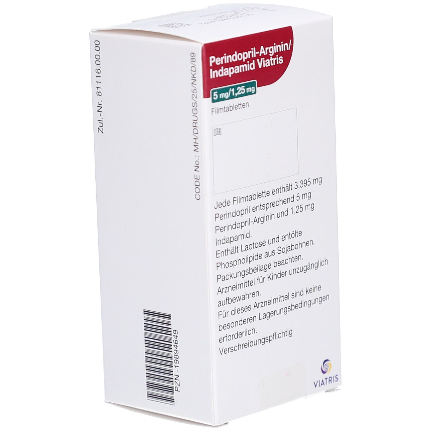Weiße Faltschachtel mit rotem Streifen. Aufschrift: Perindopril-Arginin/Indapamid Viatris 5mg/1,25mg. Viatris Logo. Text auf der Seite.