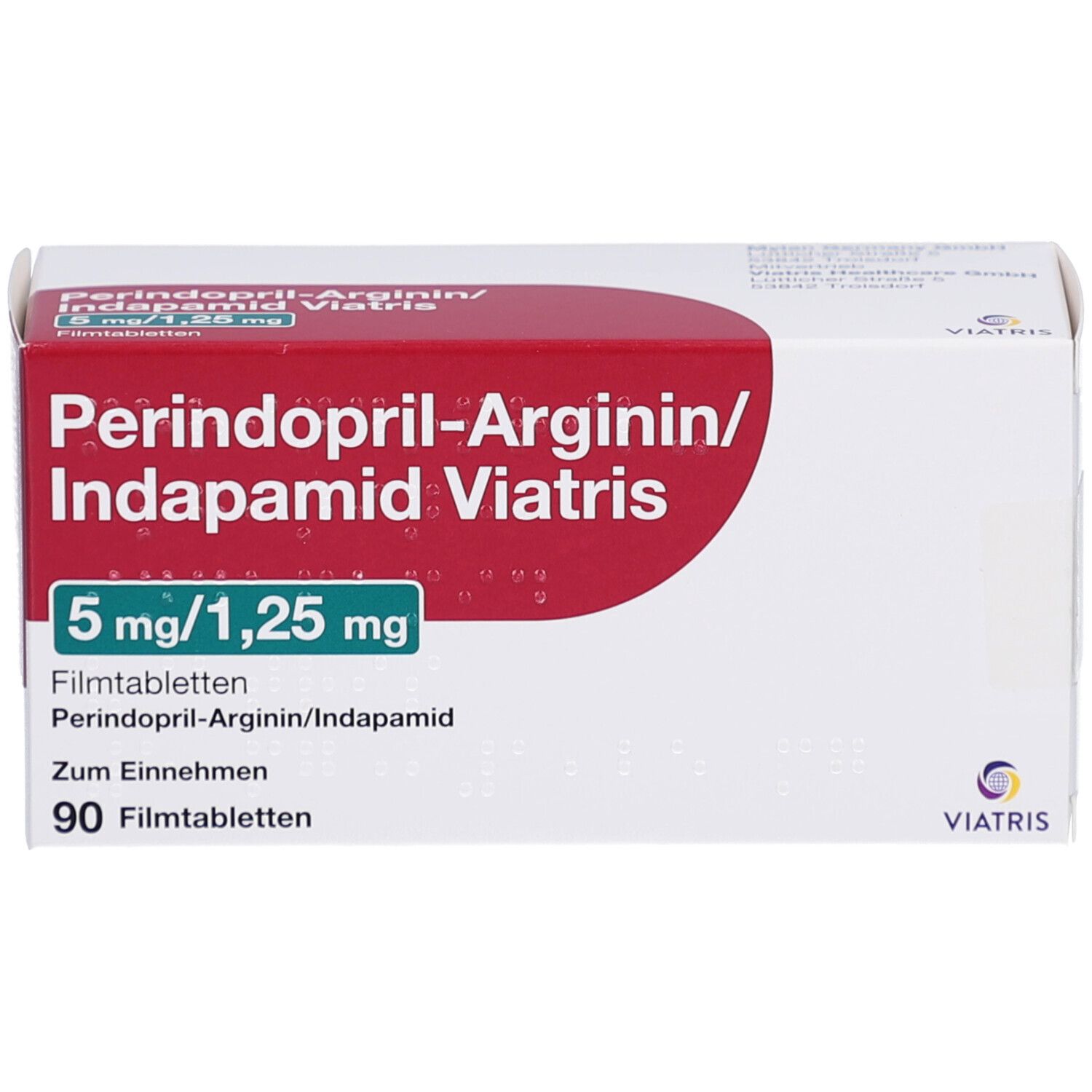 Weiße Faltschachtel mit rotem Streifen. Aufschrift: Perindopril-Arginin/Indapamid Viatris 5mg/1,25mg. 90 Filmtabletten. Viatris Logo.
