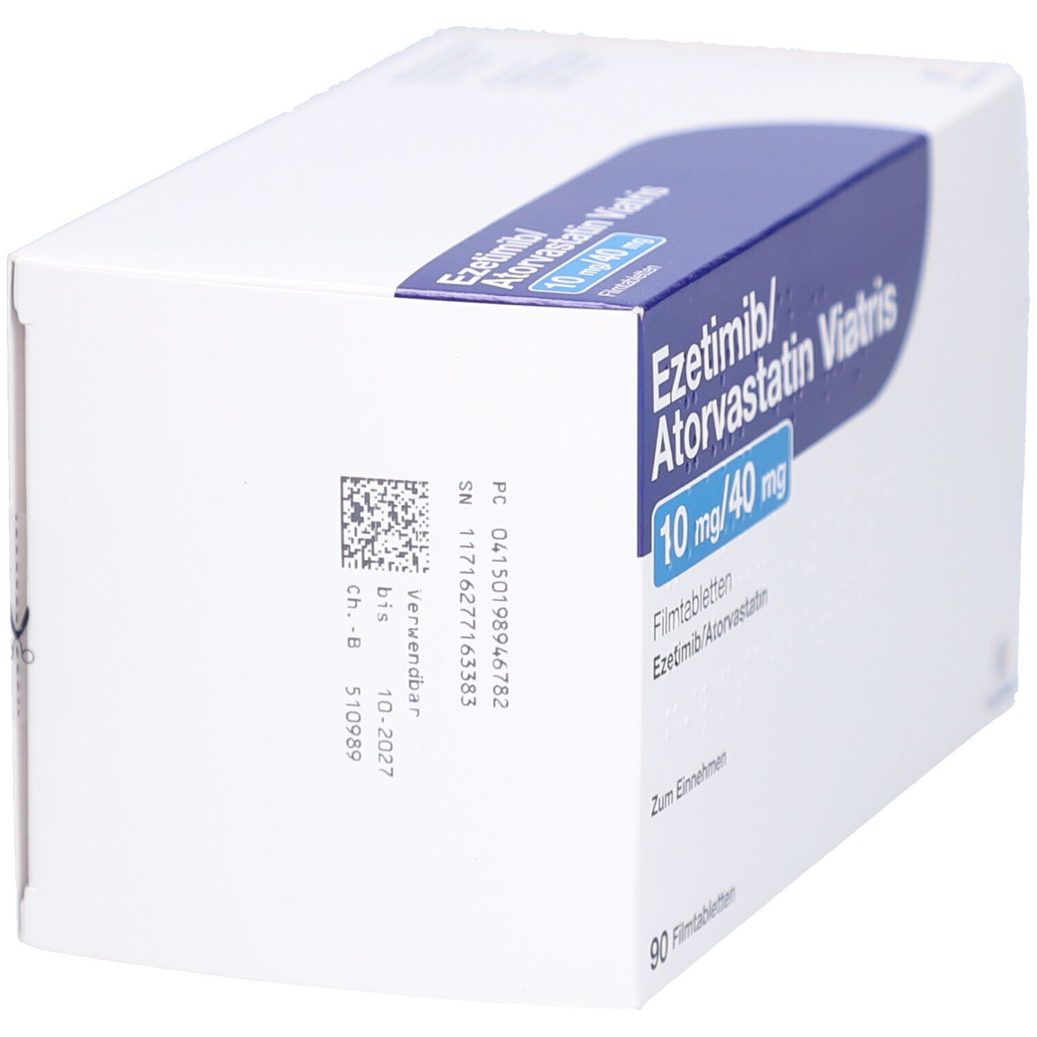 Weiße Arzneimittelverpackung mit blauer Beschriftung. Enthält Ezetimib/Atorvastatin Viatris 10 mg/40 mg Filmtabletten. Mit Barcode und Chargennummer.