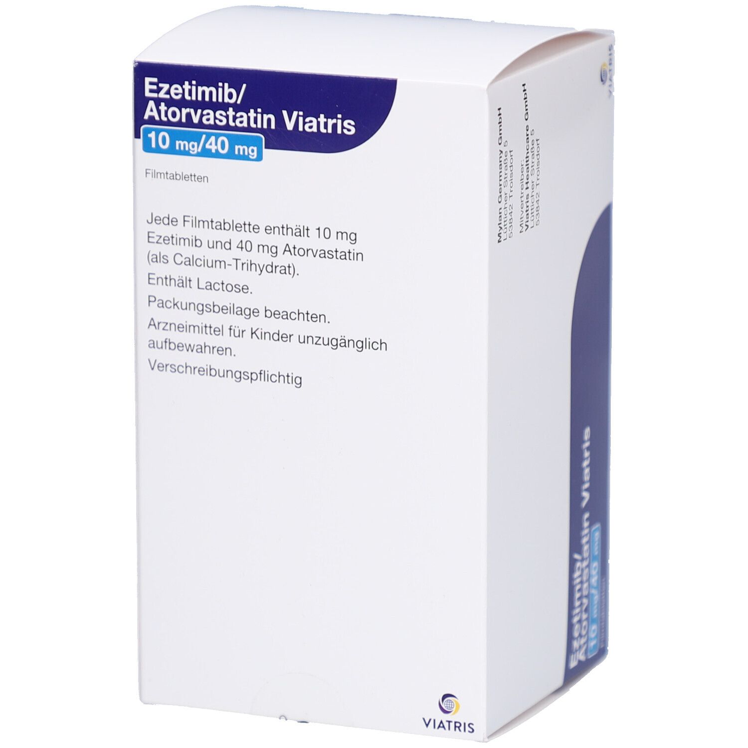 Weiße Arzneimittelverpackung mit blauer Beschriftung. Enthält Ezetimib/Atorvastatin Viatris 10 mg/40 mg Filmtabletten. Textliche Informationen.