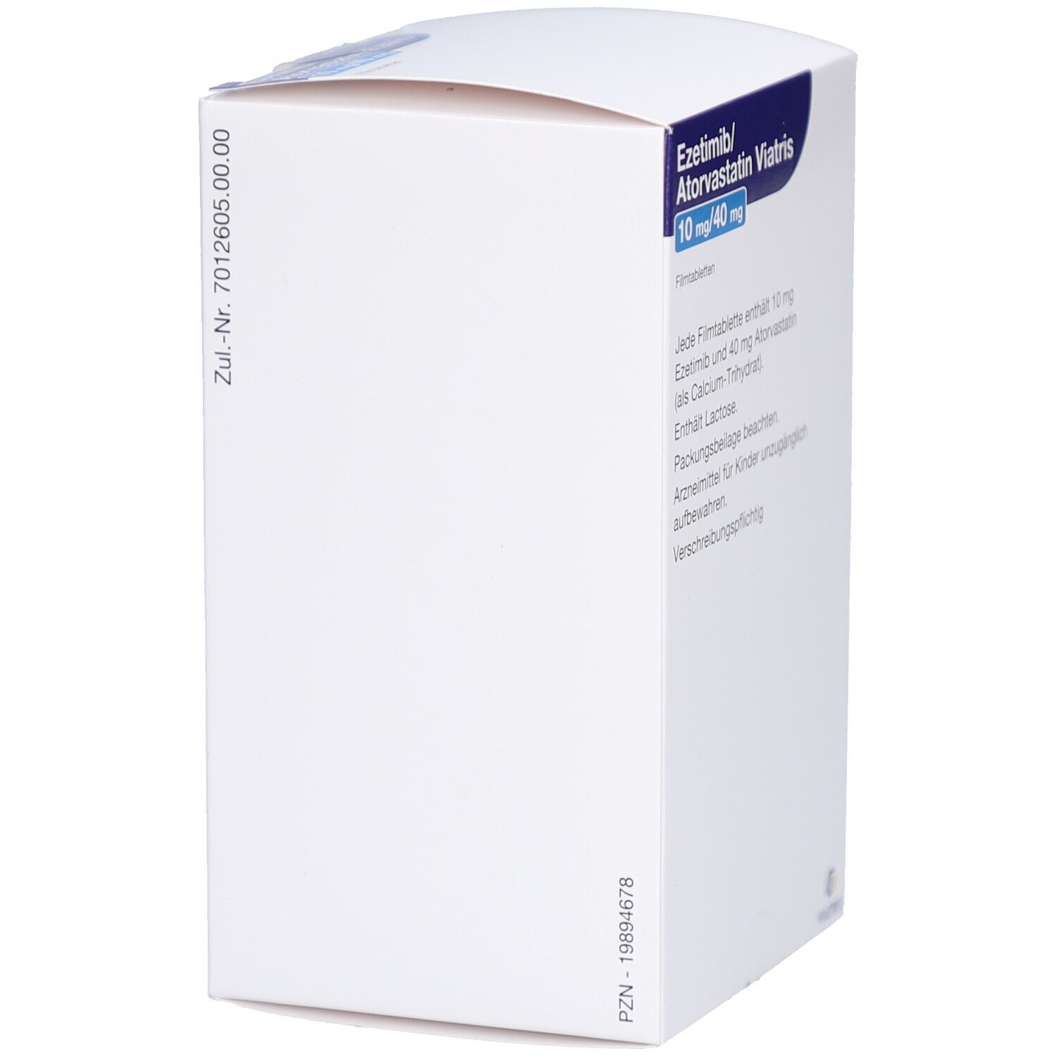 Weiße Arzneimittelverpackung mit blauer Beschriftung. Enthält Ezetimib/Atorvastatin Viatris 10 mg/40 mg Filmtabletten. Seitenansicht.