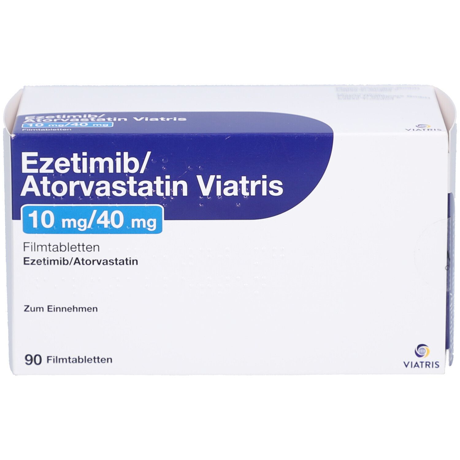 Weiße Arzneimittelverpackung mit blauer Beschriftung. Enthält Ezetimib/Atorvastatin Viatris 10 mg/40 mg Filmtabletten. 90 Filmtabletten.