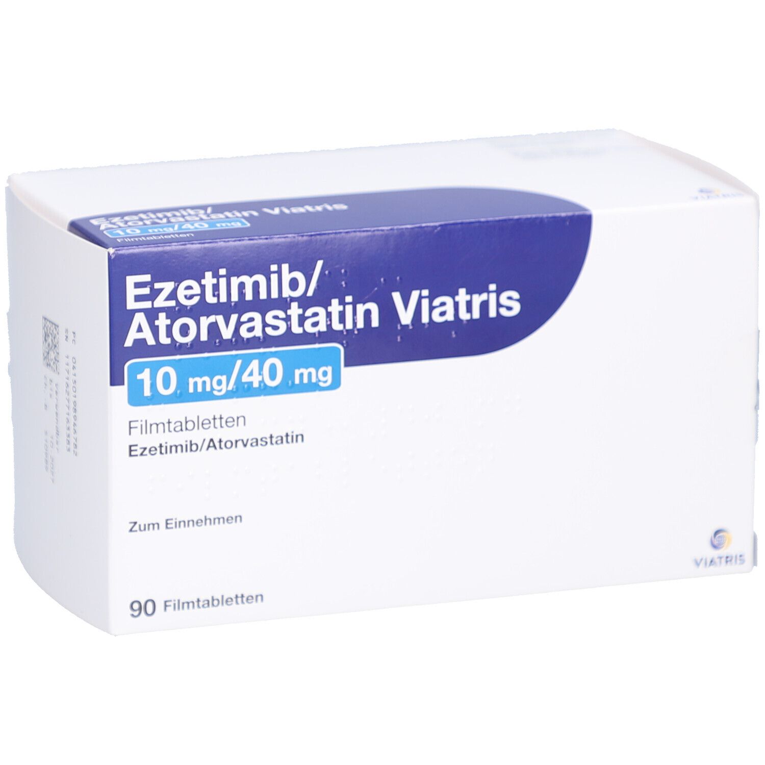 Weiße Arzneimittelverpackung mit blauer Beschriftung. Enthält Ezetimib/Atorvastatin Viatris 10 mg/40 mg Filmtabletten. 90 Filmtabletten.