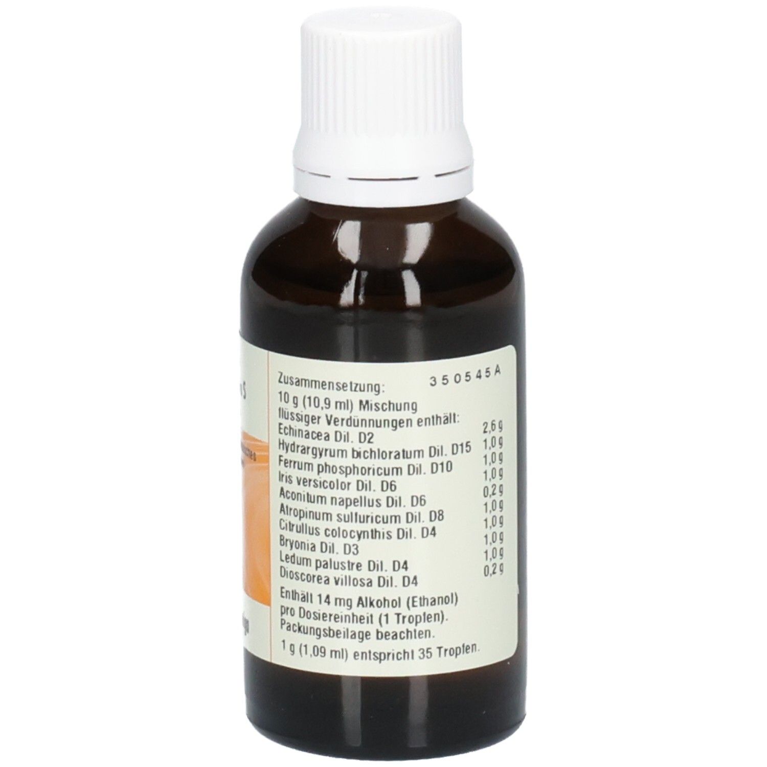 Braune Flasche mit weißem Deckel. Etikett mit Inhaltsstoffen. Kathwiga GmbH.