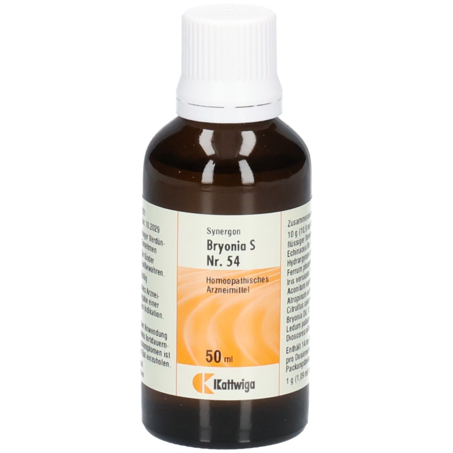 Braune Flasche mit weißem Deckel. Etikett mit Produktnamen und Logo. 50 ml.