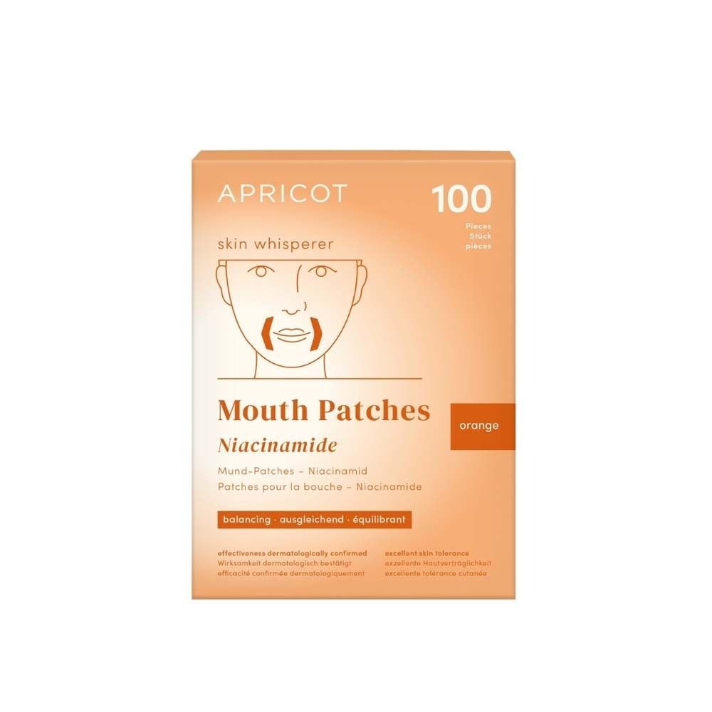 Verpackung mit 100 Mund-Patches. Aufdruck: APRICOT, skin whisperer, Mouth Patches Niacinamide, orange.